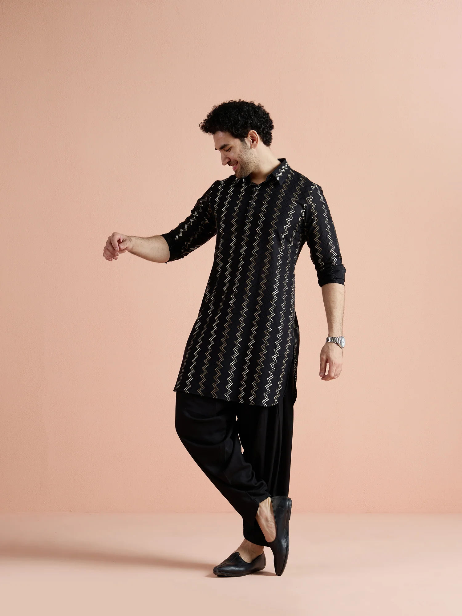 Black Cotton Jacquard Pathani Kurta - Image 8