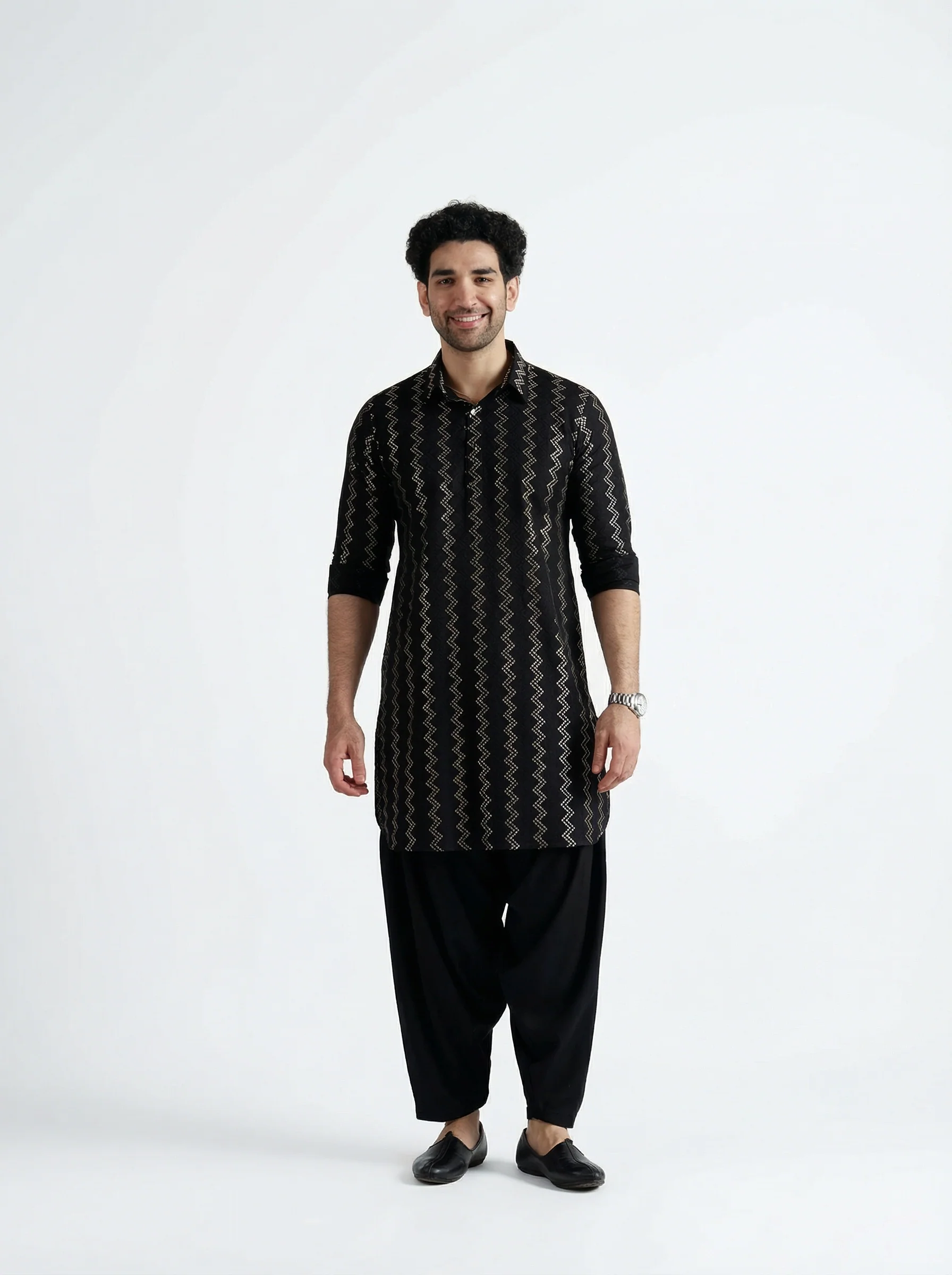 Black Cotton Jacquard Pathani Kurta - Image 9