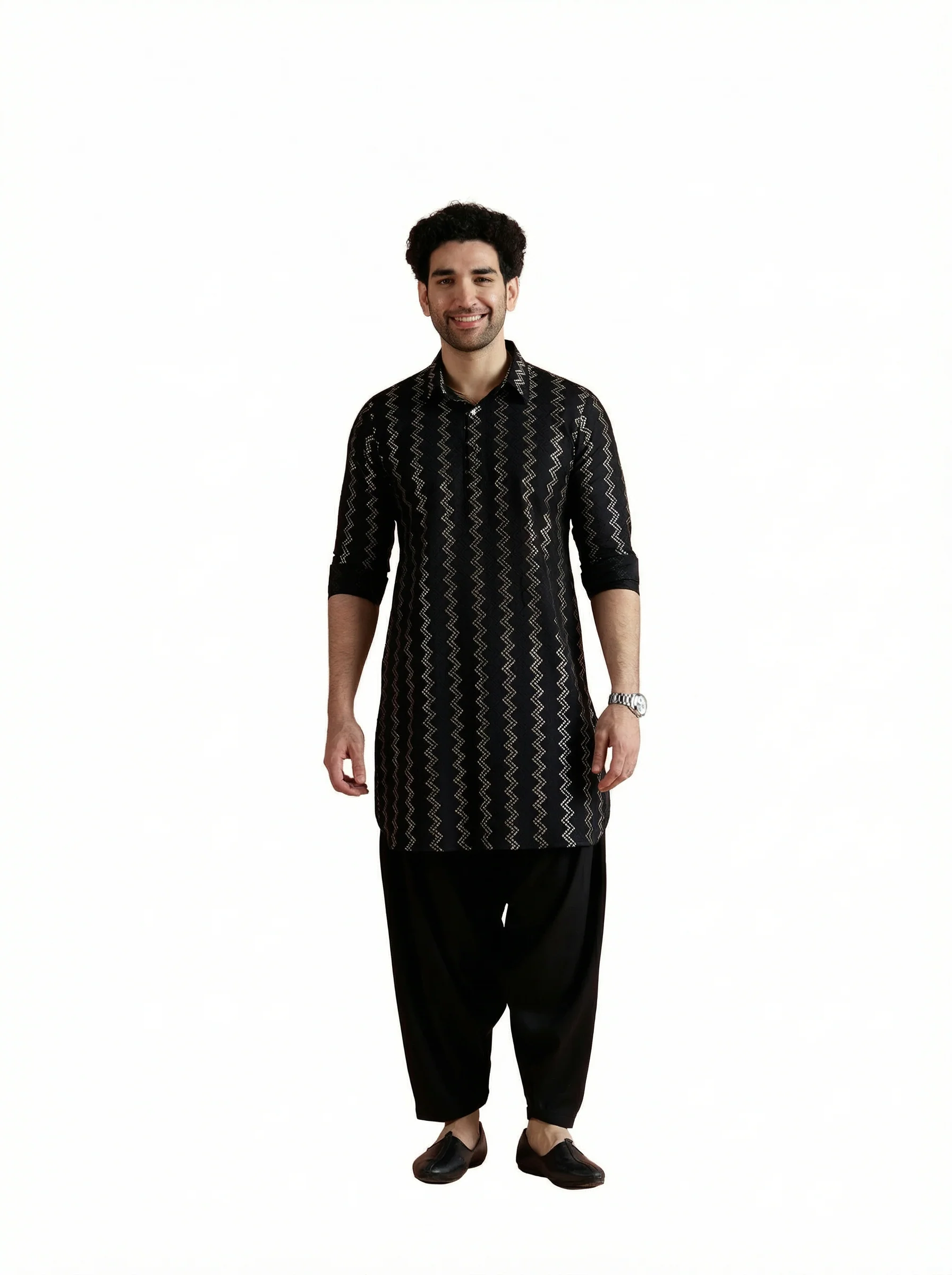 Black Cotton Jacquard Pathani Kurta Patiyala Set - Image 10