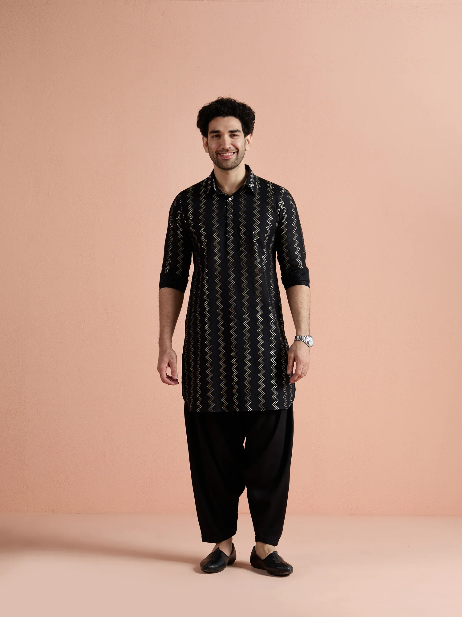 Black Cotton Jacquard Pathani Kurta Patiyala Set - Image 4