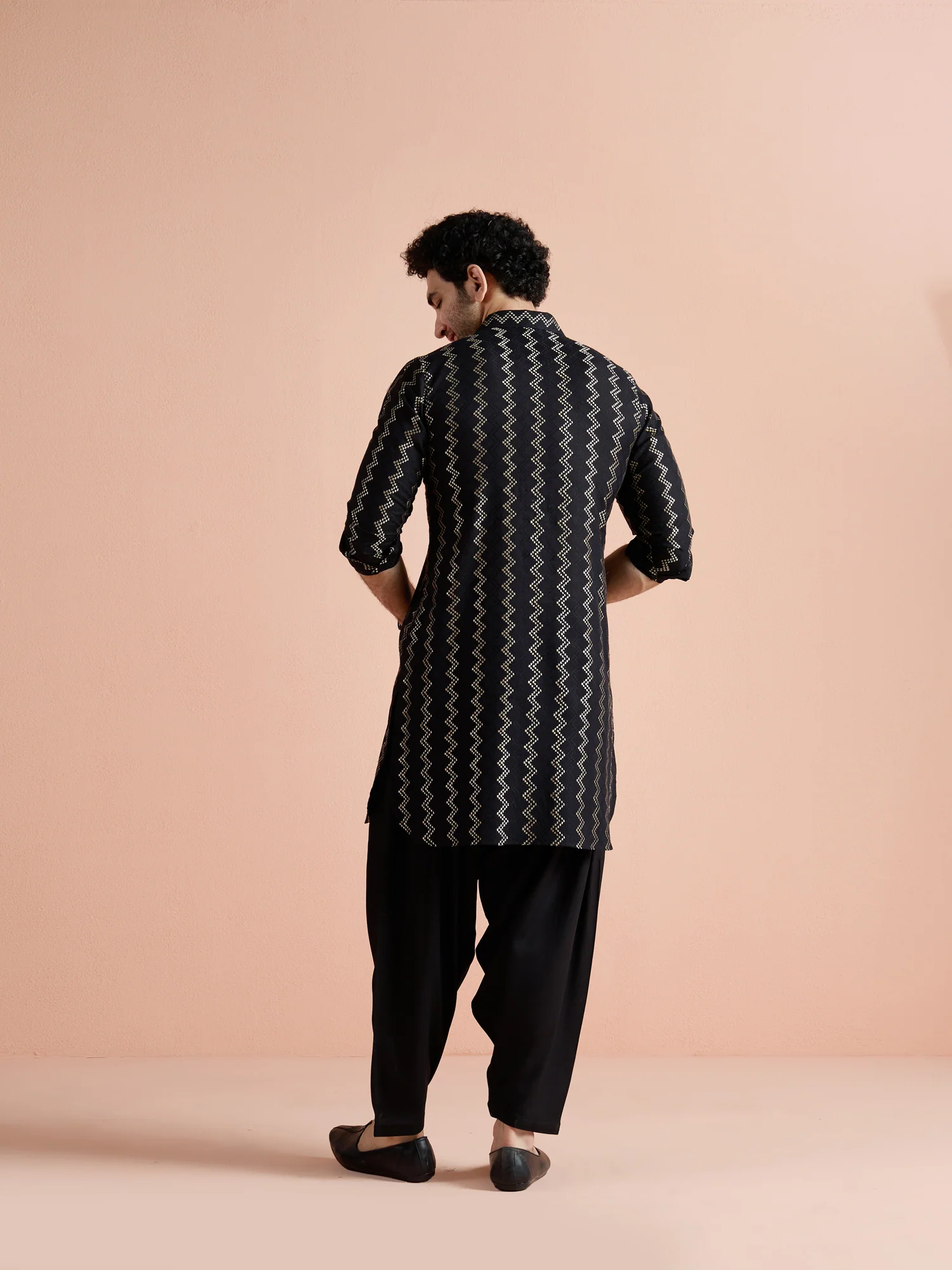 Black Cotton Jacquard Pathani Kurta Patiyala Set - Image 5