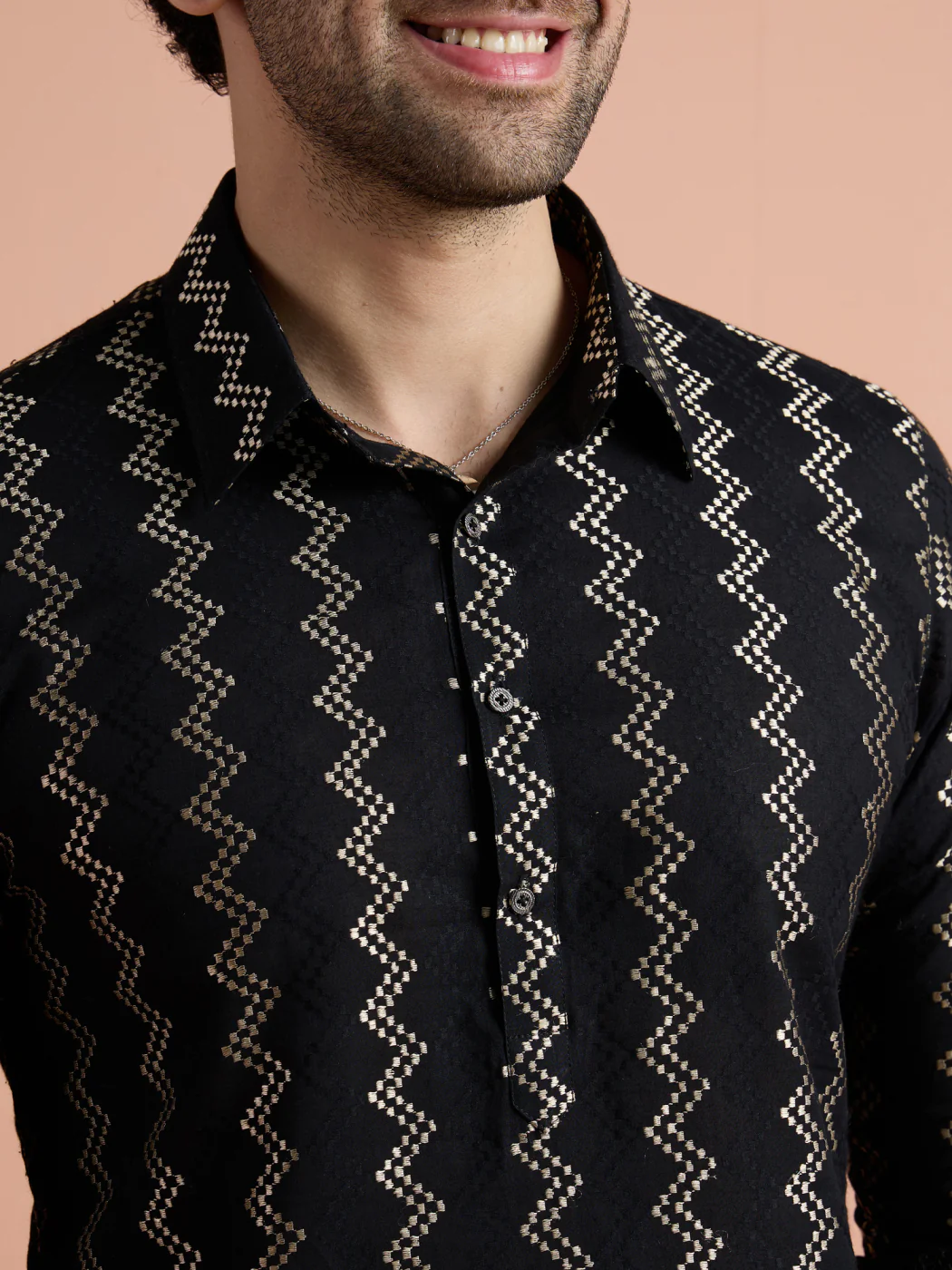 Black Cotton Jacquard Pathani Kurta Patiyala Set - Image 6