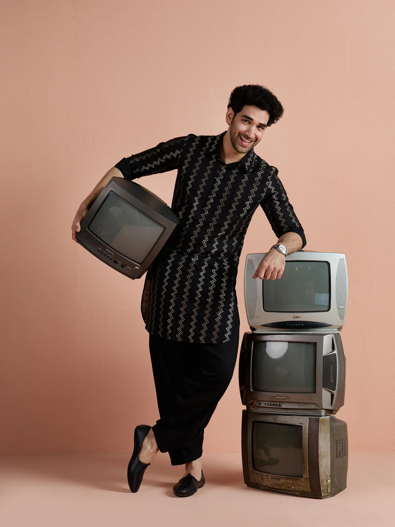 Black Cotton Jacquard Pathani Kurta Patiyala Set - Image 8