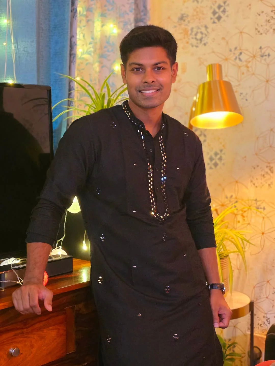 Black Cotton Mirror Work Kurta Trouser Set - Image 2
