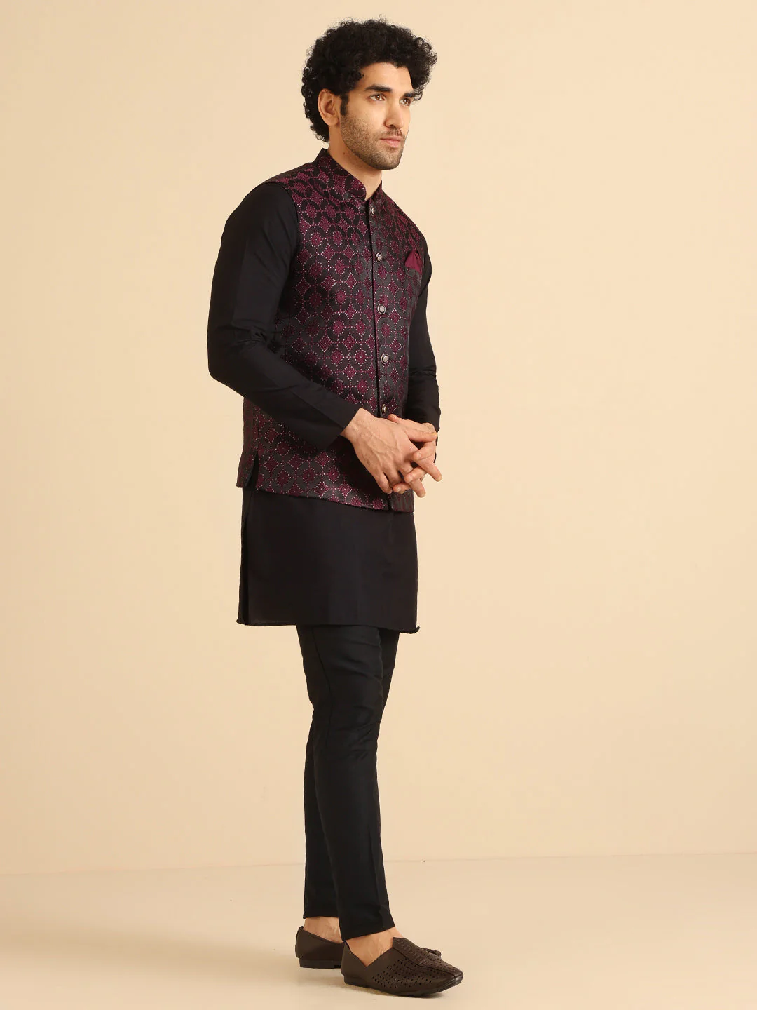 Black Cotton Silk Burgundy Textured Nehru Jacket Kurta Trouser - Image 3