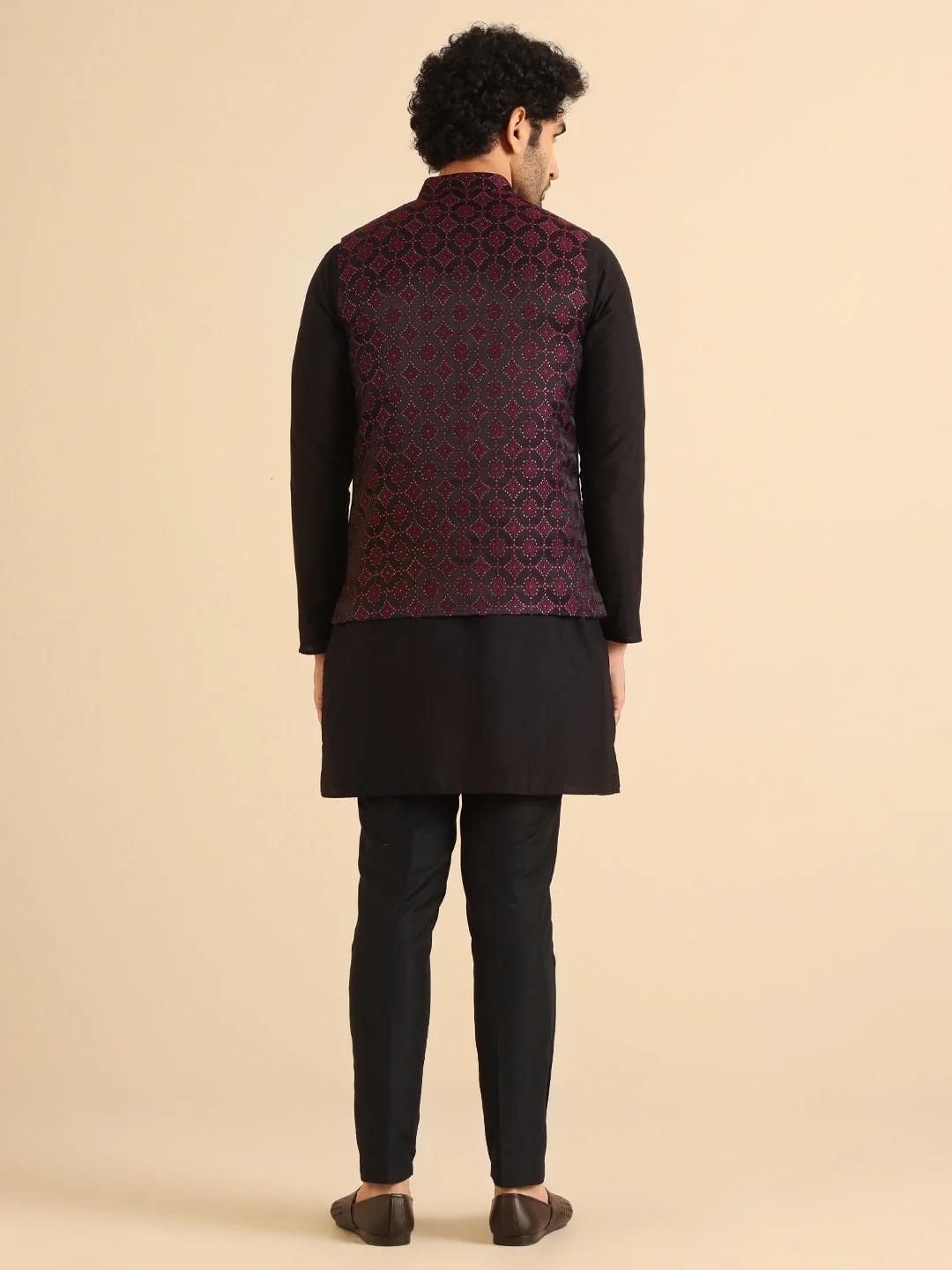 Black Cotton Silk Burgundy Textured Nehru Jacket Kurta Trouser - Image 4