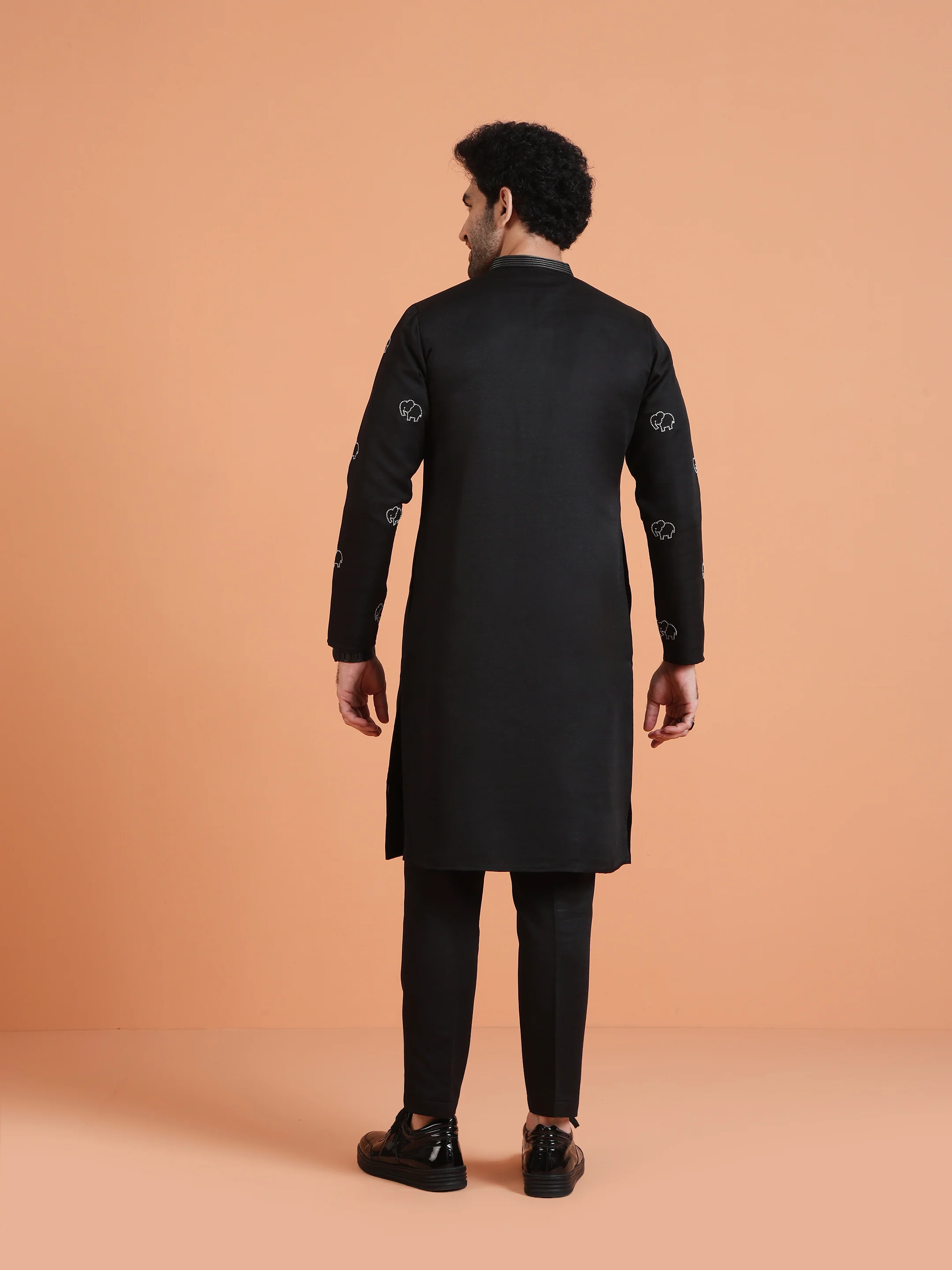 Black Cotton Silk Embroidered Kurta - Image 4
