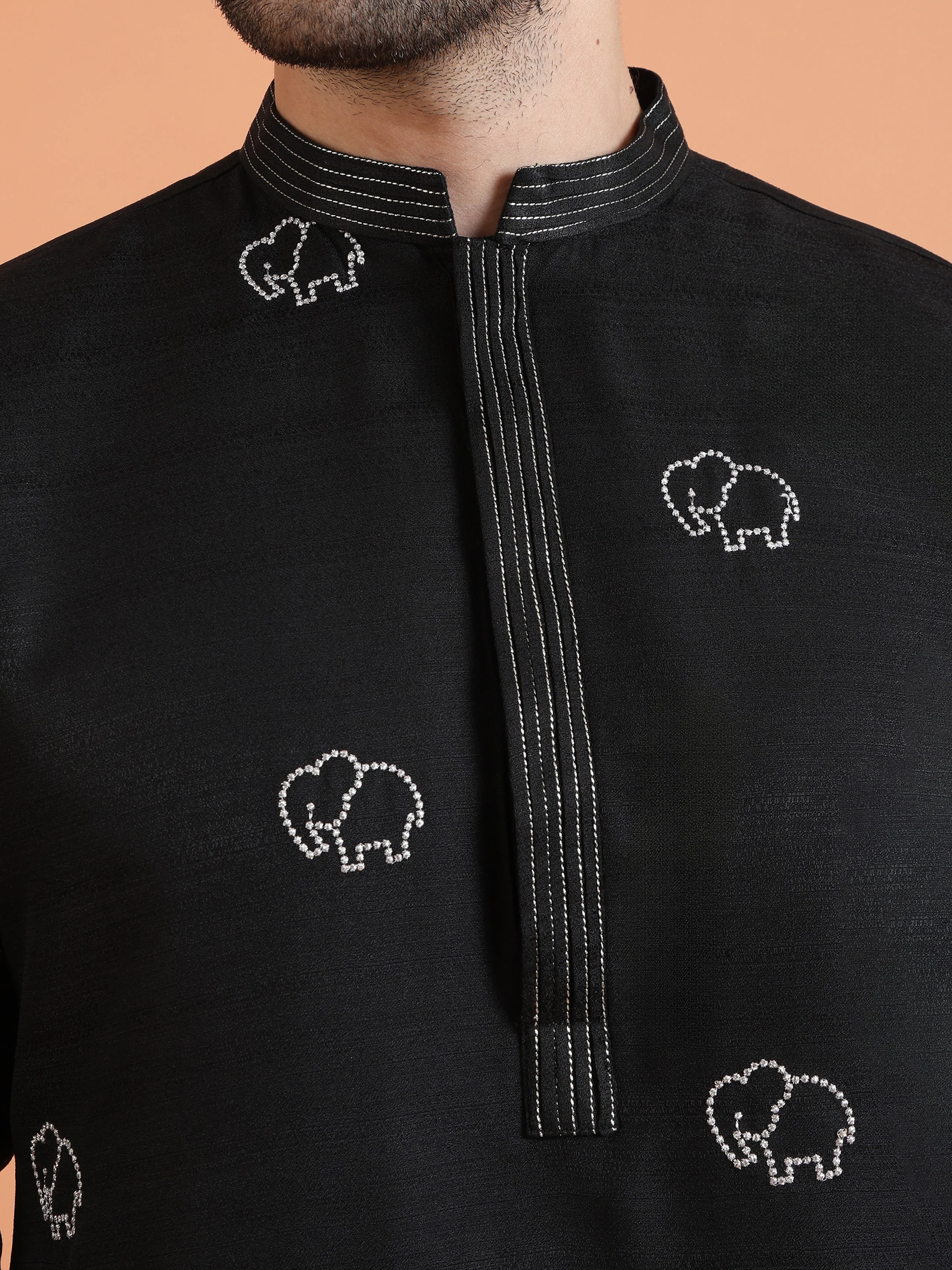 Black Cotton Silk Embroidered Kurta - Image 5