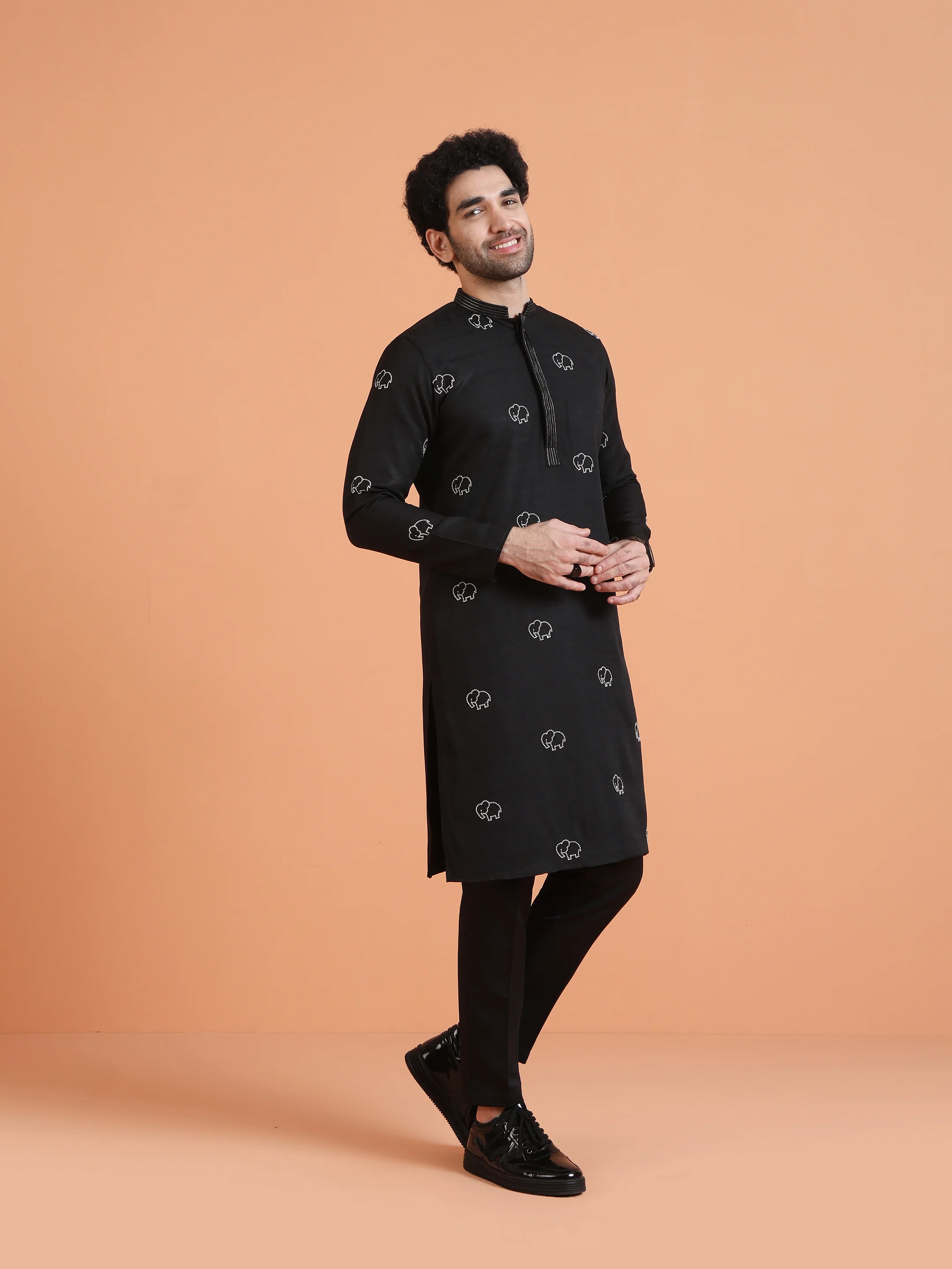 Black Cotton Silk Embroidered Kurta - Image 6