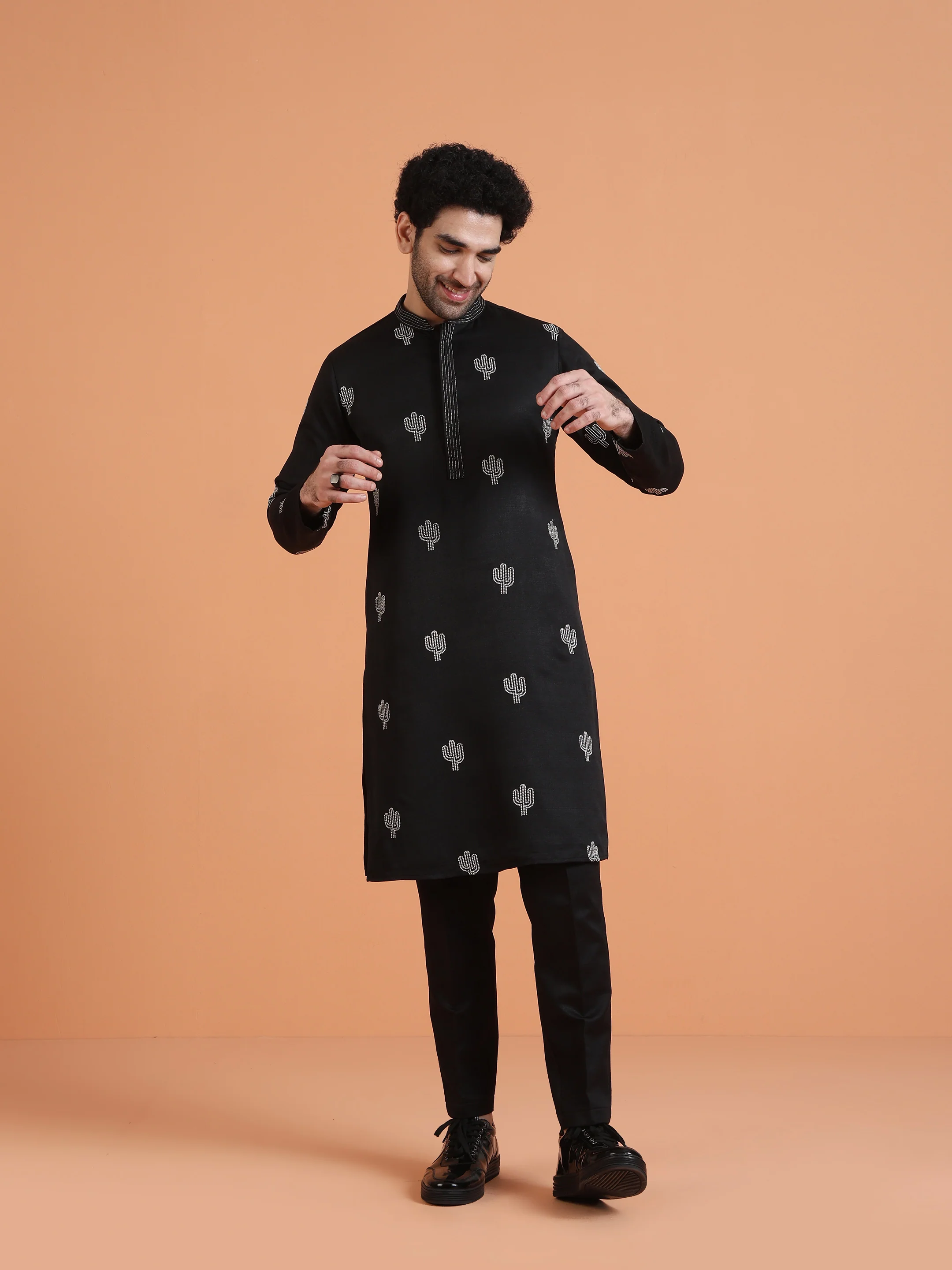 Black Cotton Silk Embroidered Kurta - Image 7