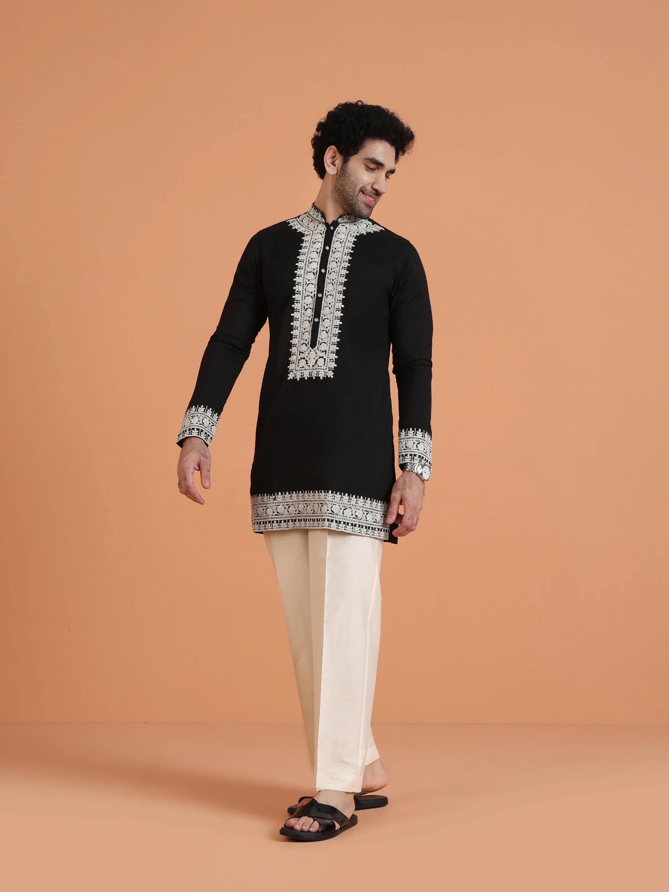 Black Cotton Silk Embroidered Mid Kurta - Image 2