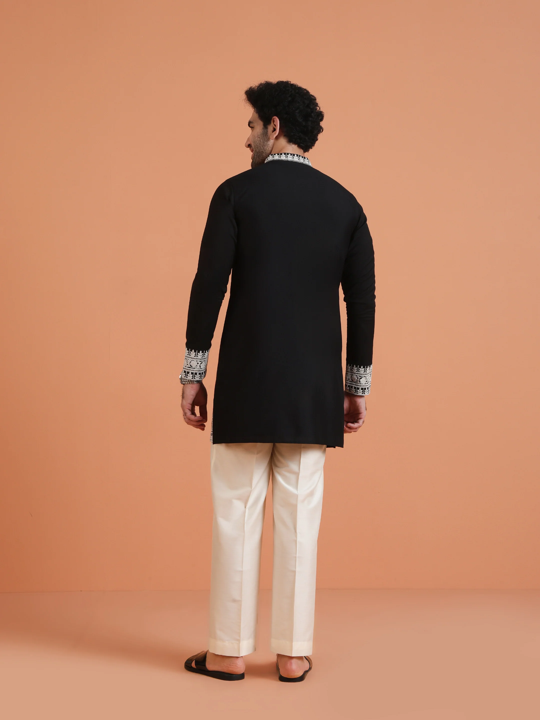 Black Cotton Silk Embroidered Mid Kurta - Image 4