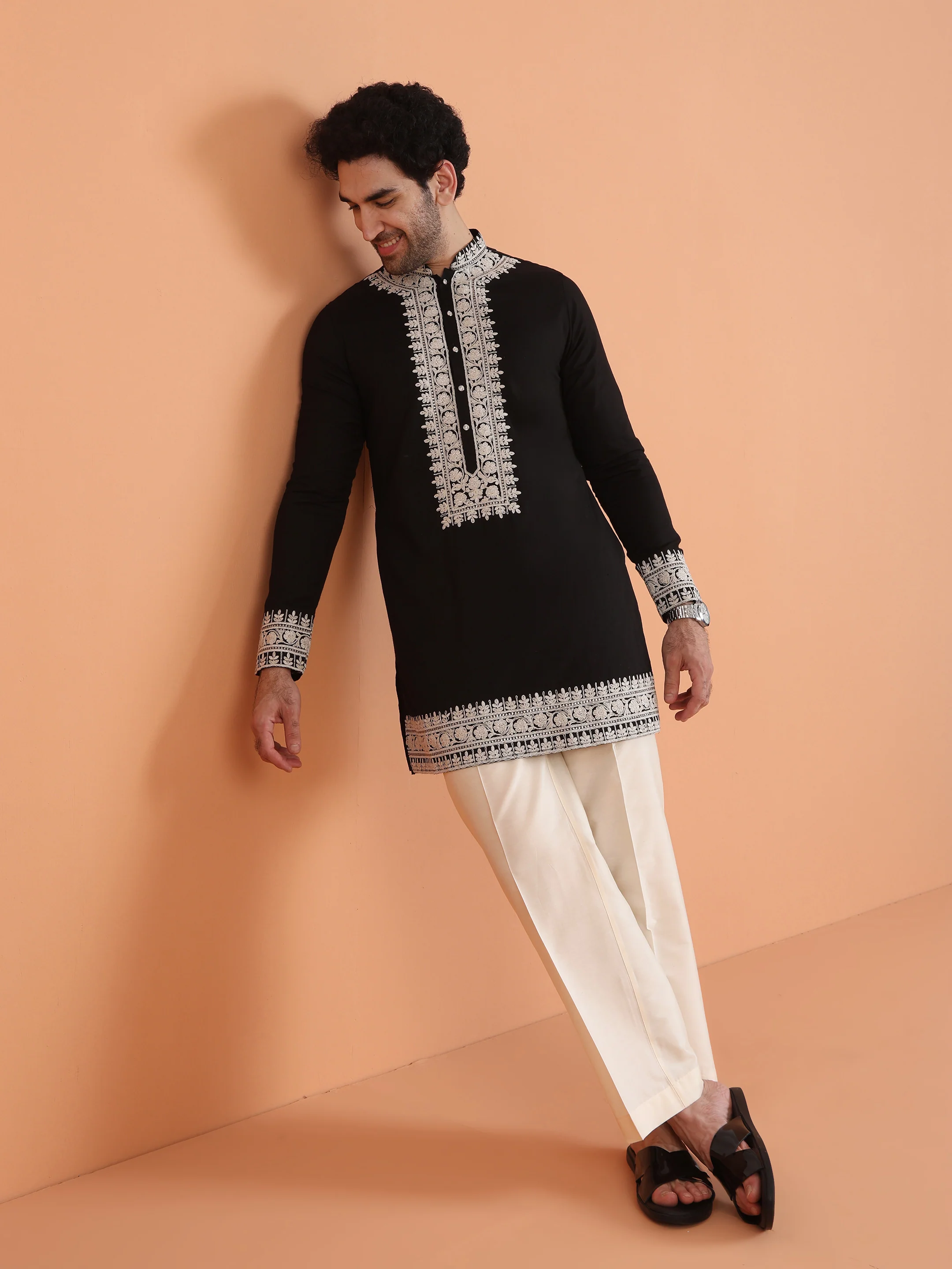 Black Cotton Silk Embroidered Mid Kurta - Image 8