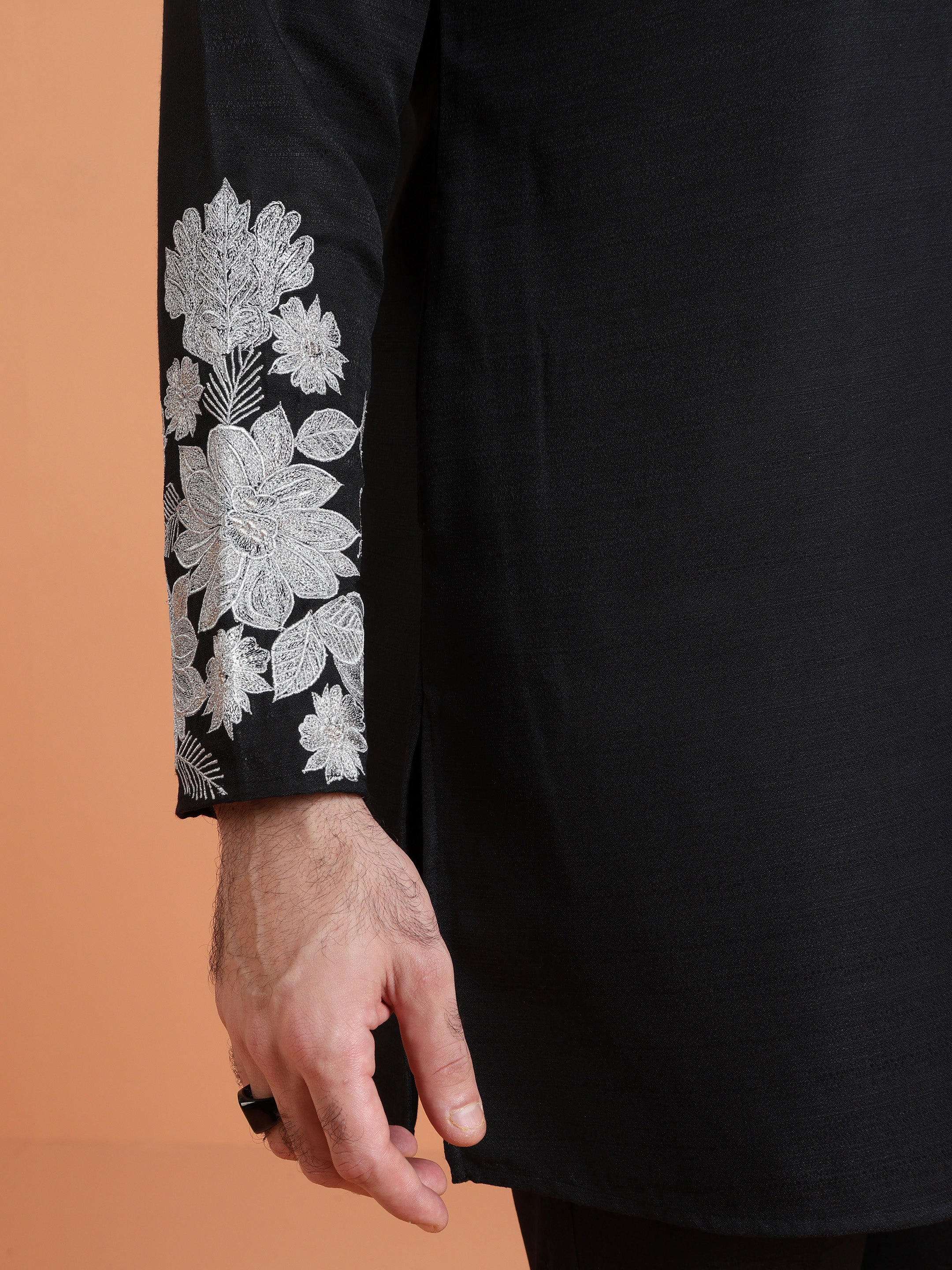 Black Cotton Silk Floral Embroidered Kurta - Image 6