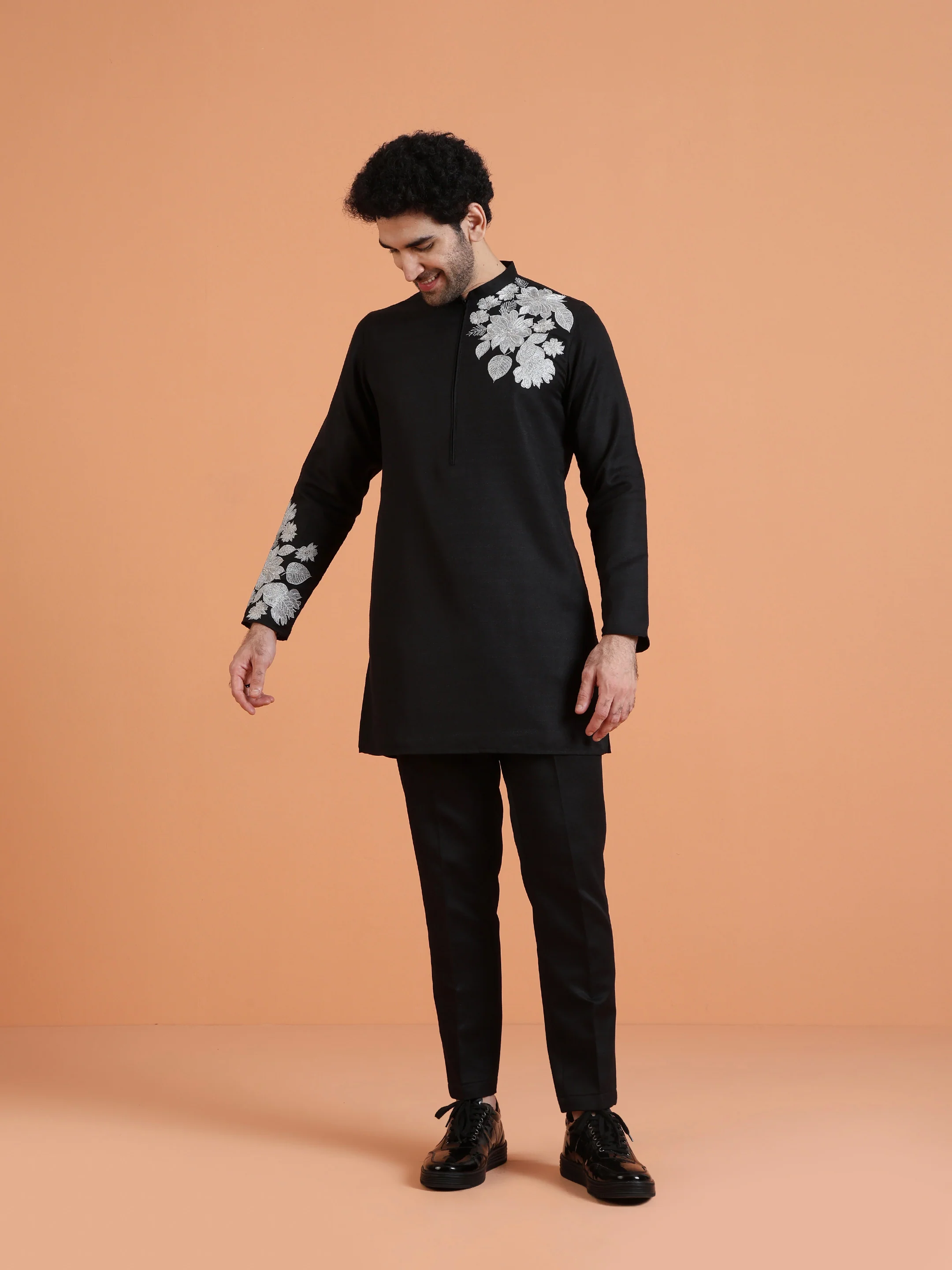 Black Cotton Silk Floral Embroidered Kurta - Image 7