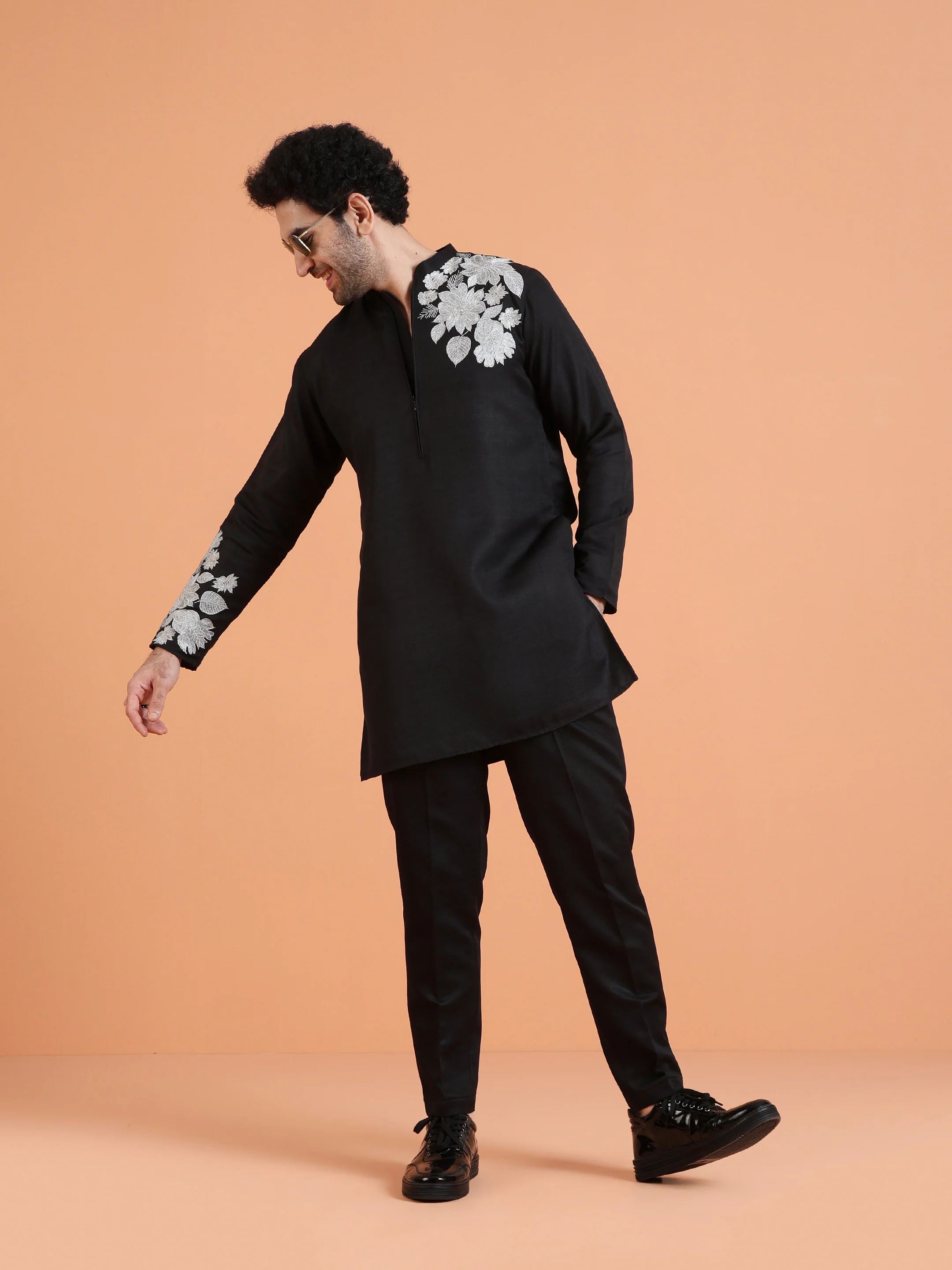Black Cotton Silk Floral Embroidered Kurta - Image 8