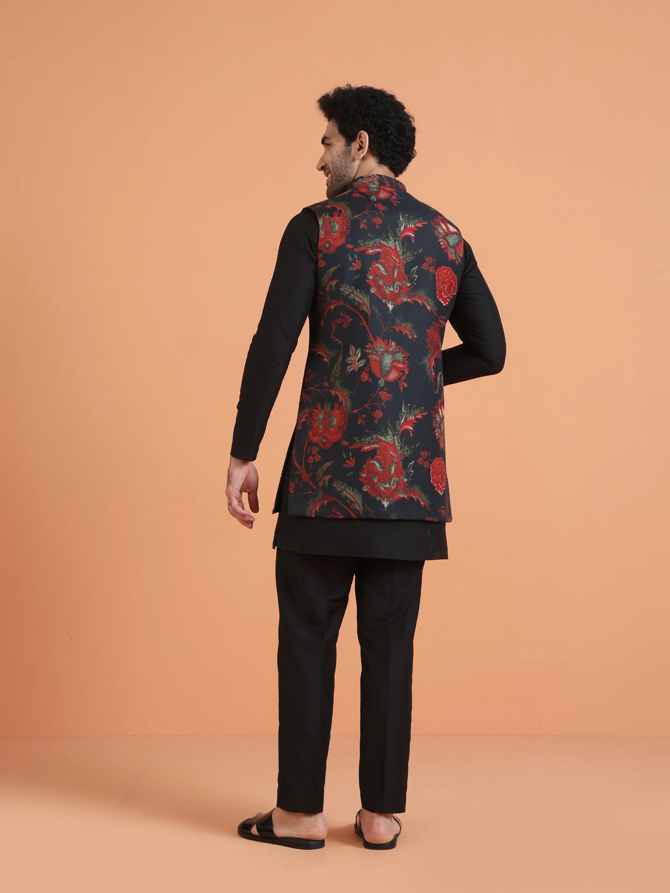 Black Cotton Silk Floral Jacket Mid Kurta Trouser Set - Image 4