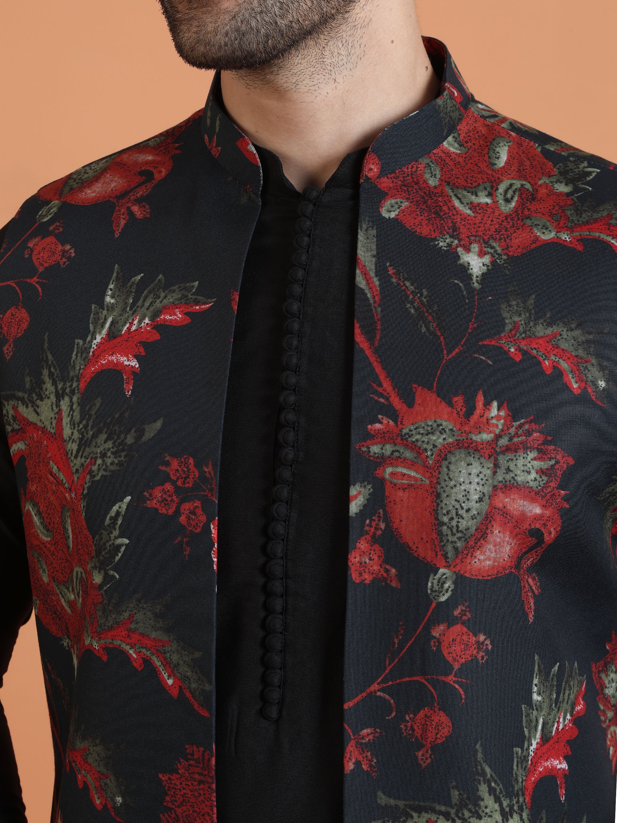 Black Cotton Silk Floral Jacket Mid Kurta Trouser Set - Image 5
