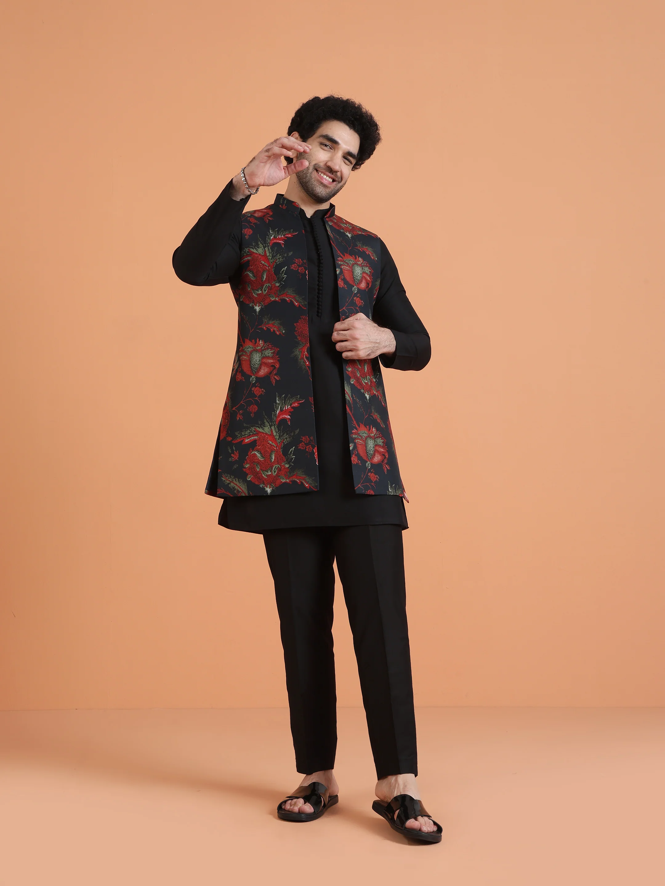Black Cotton Silk Floral Jacket Mid Kurta Trouser Set - Image 8