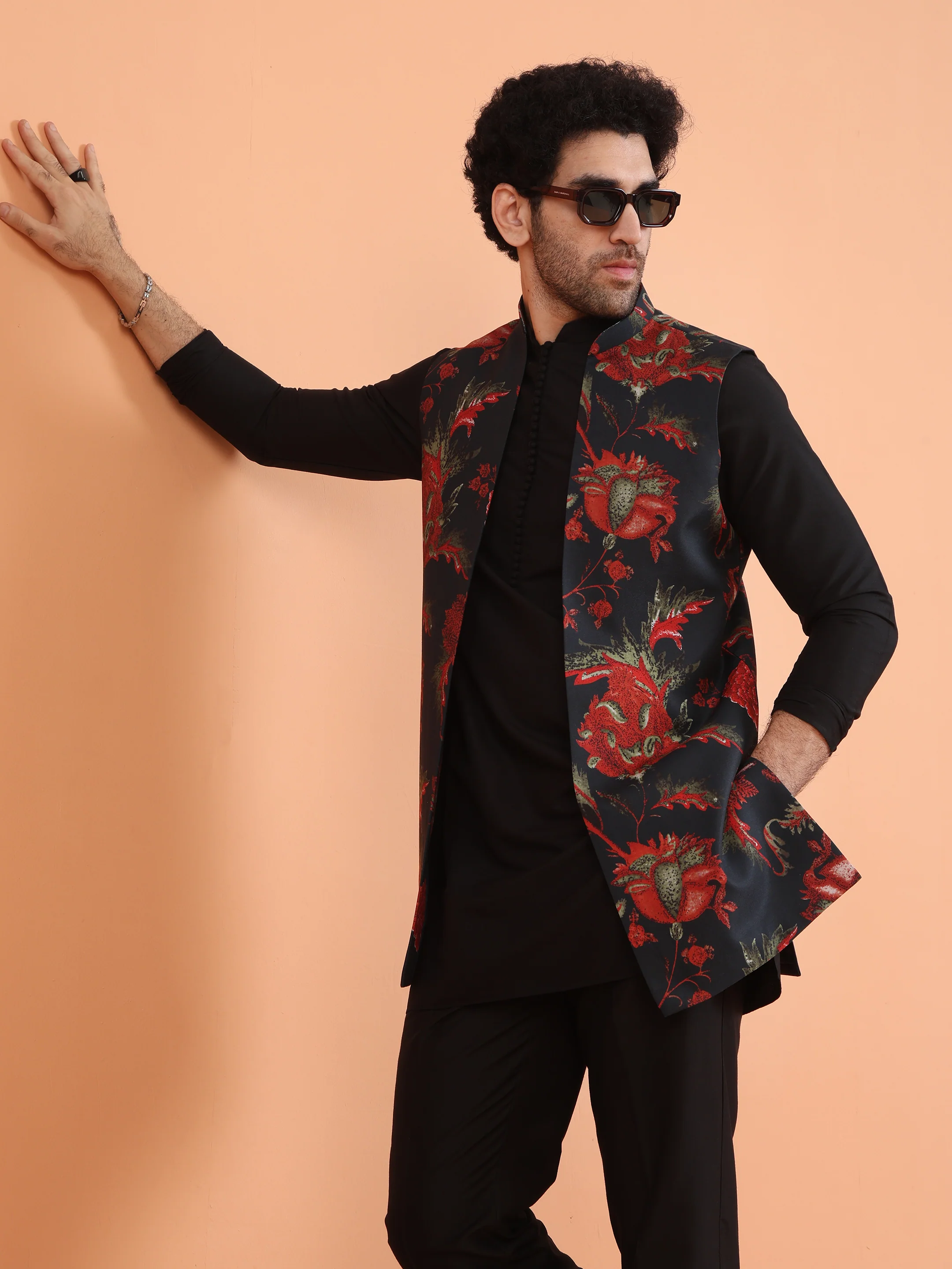 Black Cotton Silk Floral Jacket Mid Kurta Trouser Set - Image 9