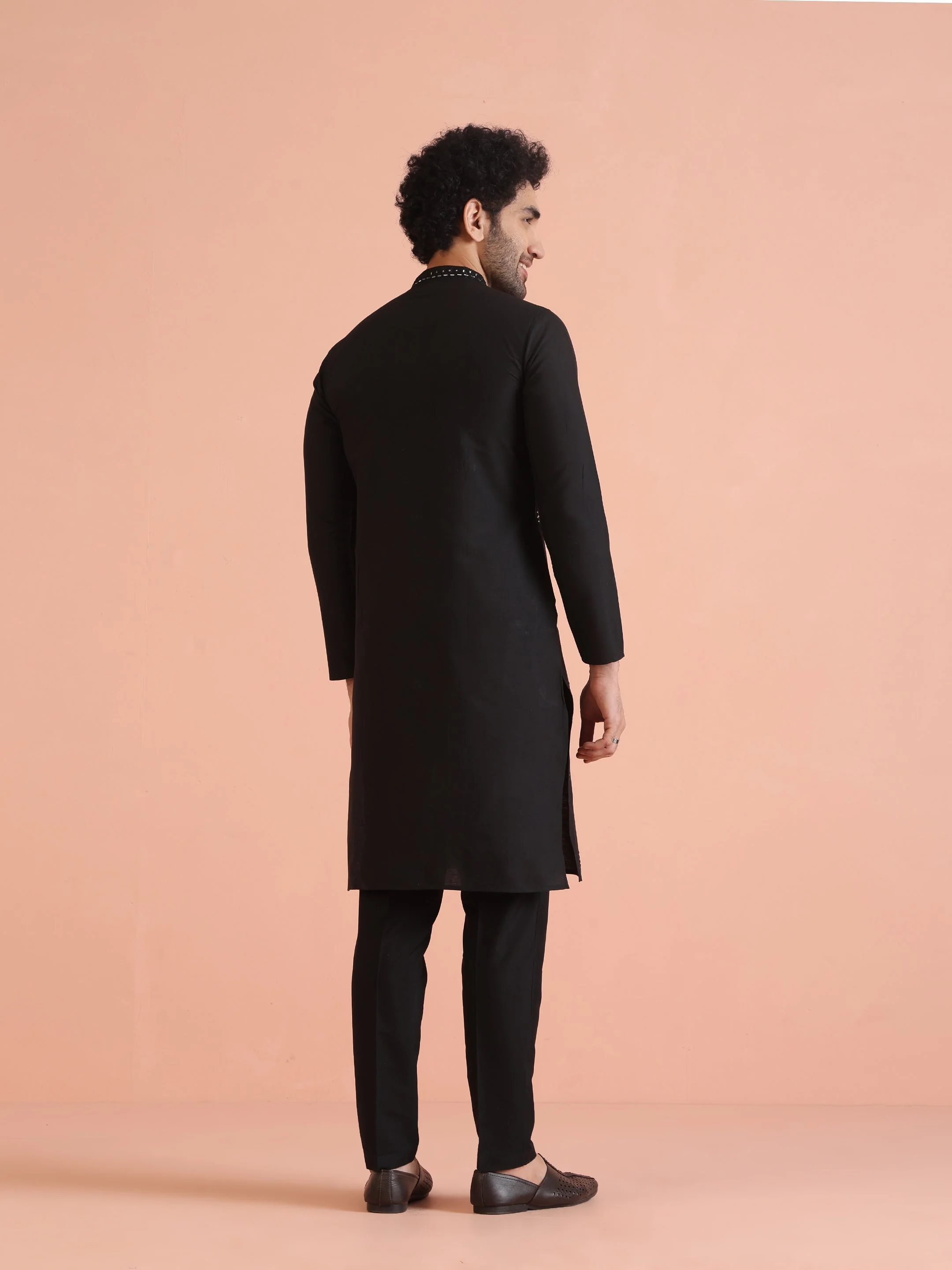 Black Cotton Silk Mirror Work Kurta - Image 6