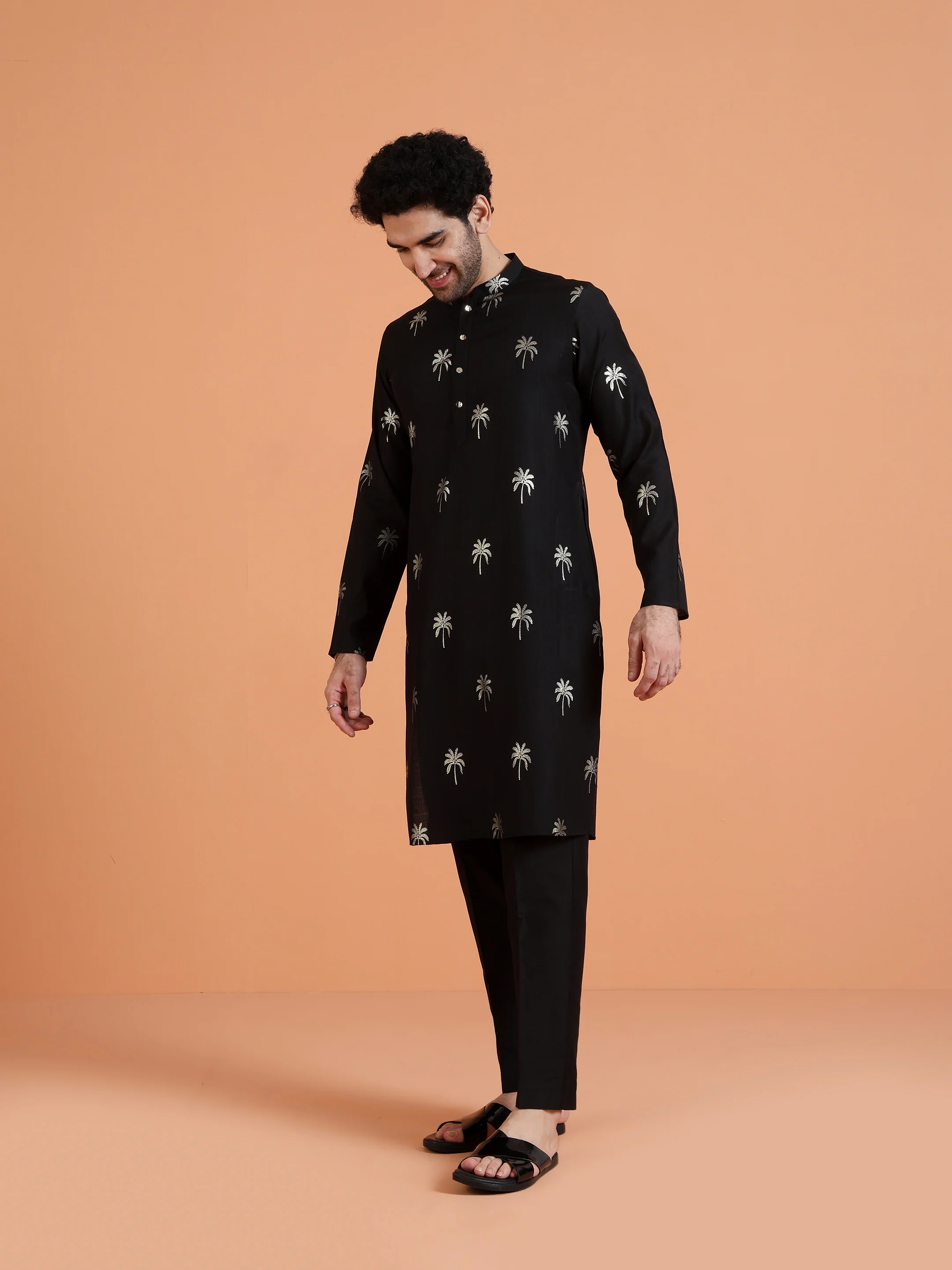 Black Cotton Silk Printed Kurta - Image 2