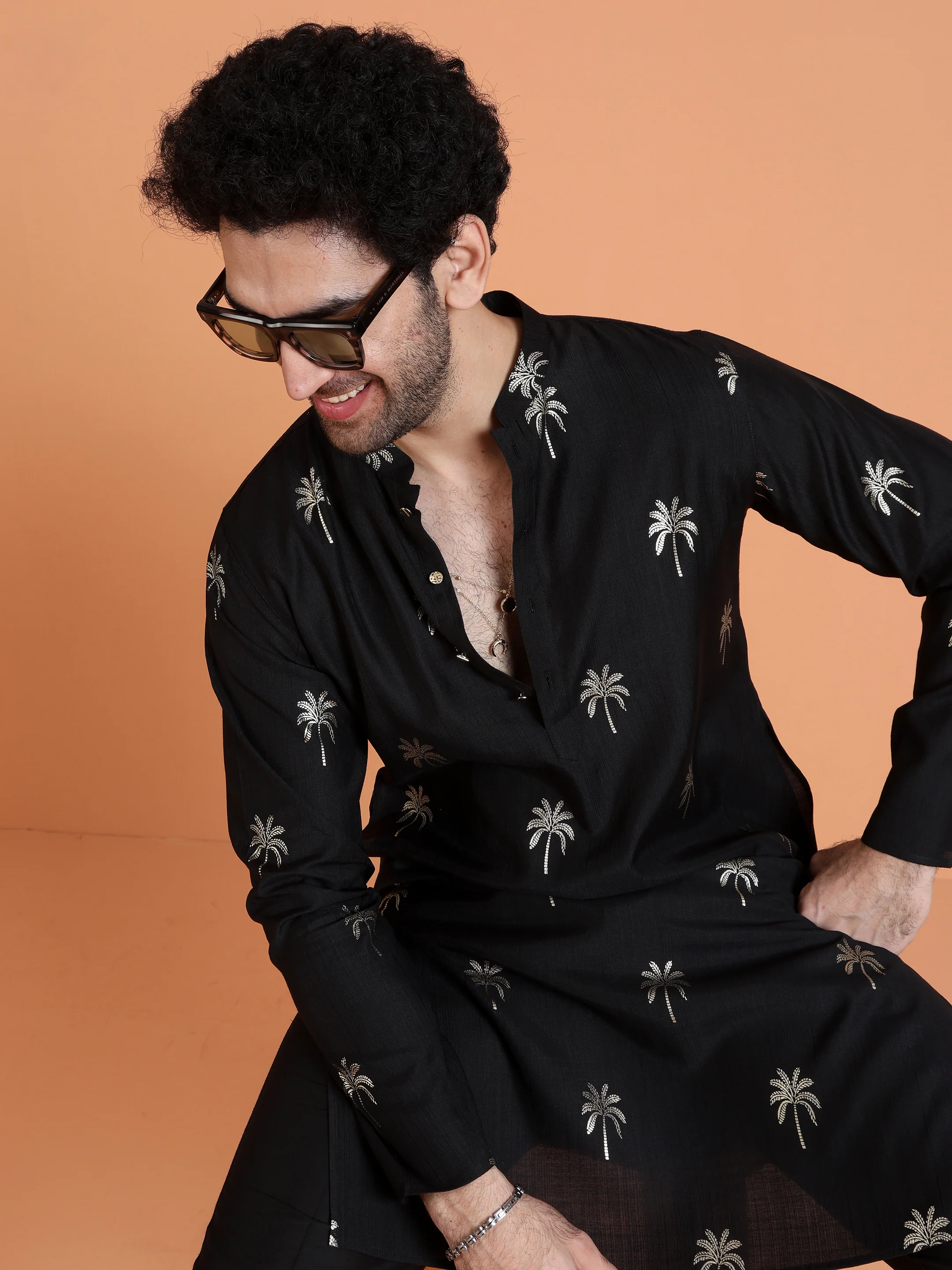 Black Cotton Silk Printed Kurta - Image 7