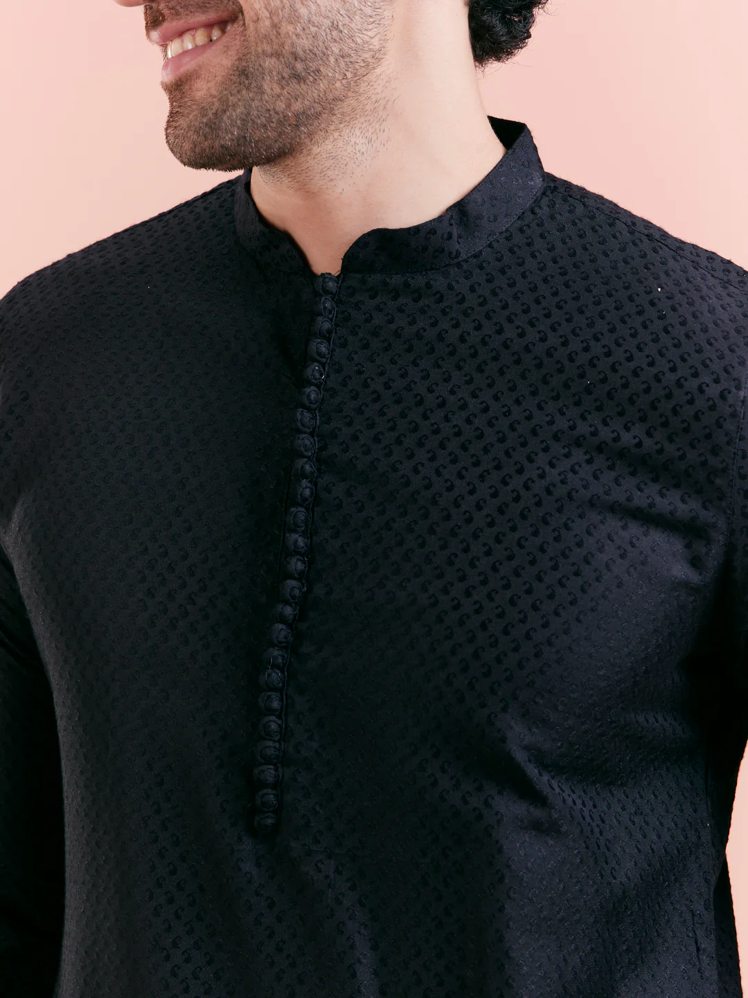 Black Cotton Textured Kurta - Image 5