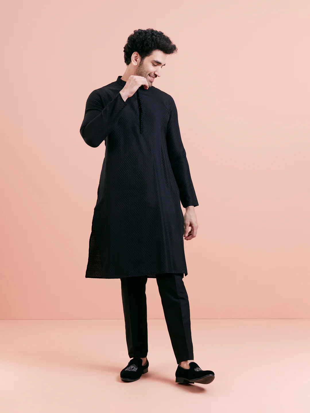 Black Cotton Textured Kurta - Image 7
