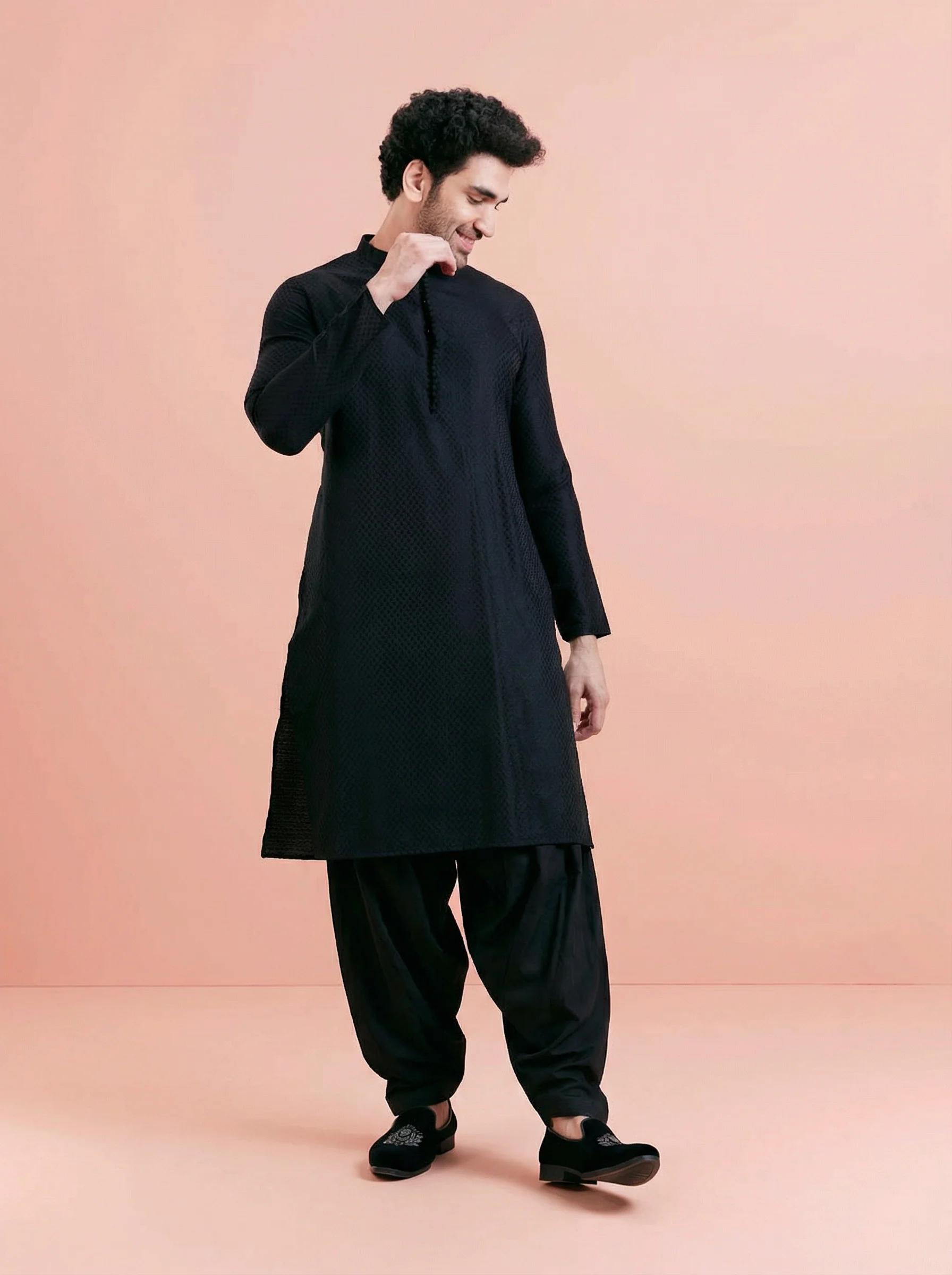 Black Cotton Textured Kurta Patiyala Set - Image 2
