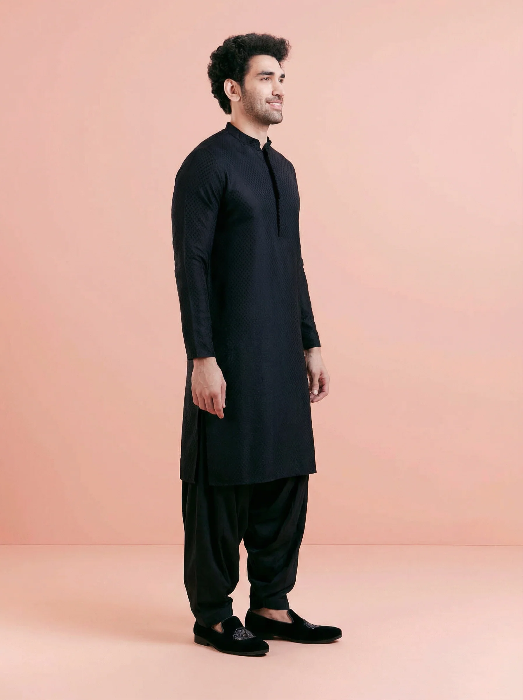 Black Cotton Textured Kurta Patiyala Set - Image 3