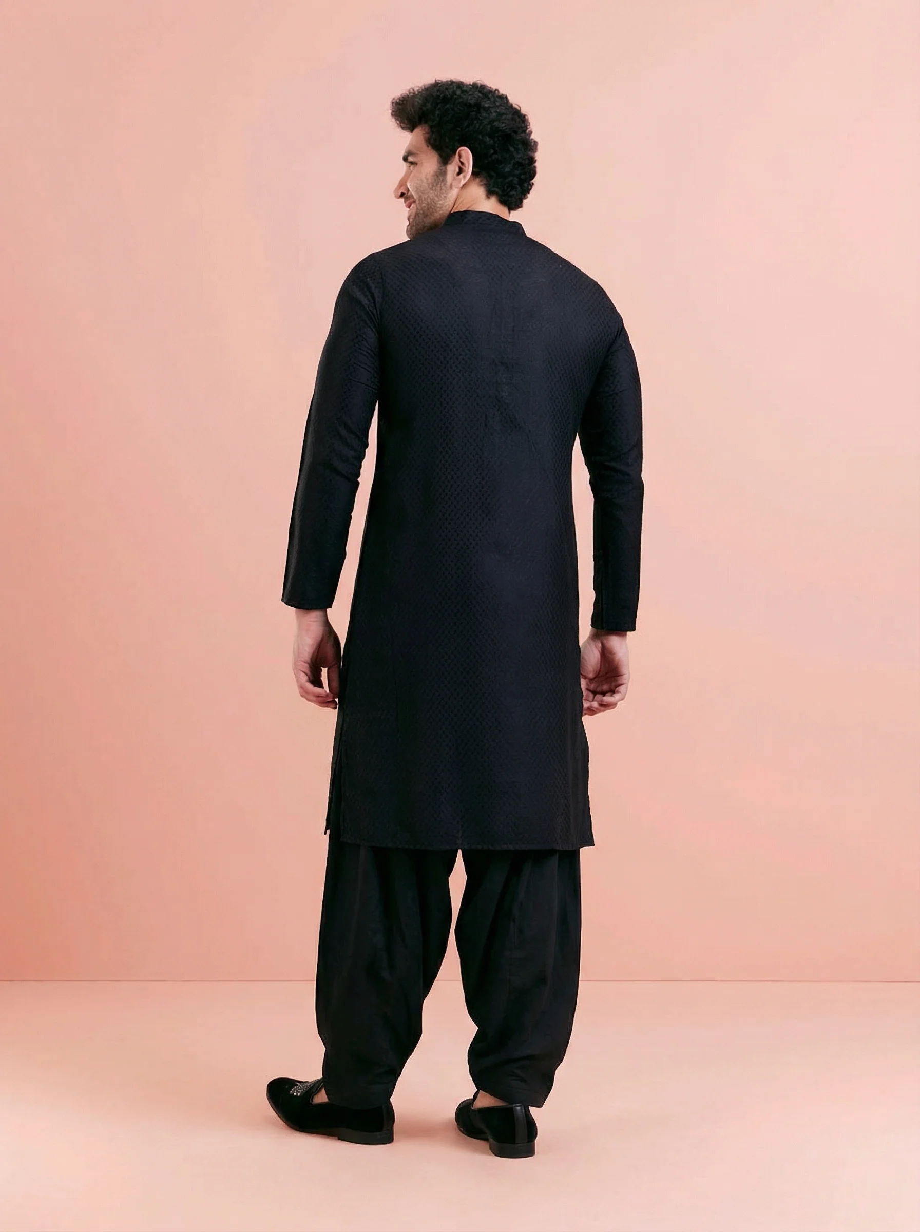 Black Cotton Textured Kurta Patiyala Set - Image 4