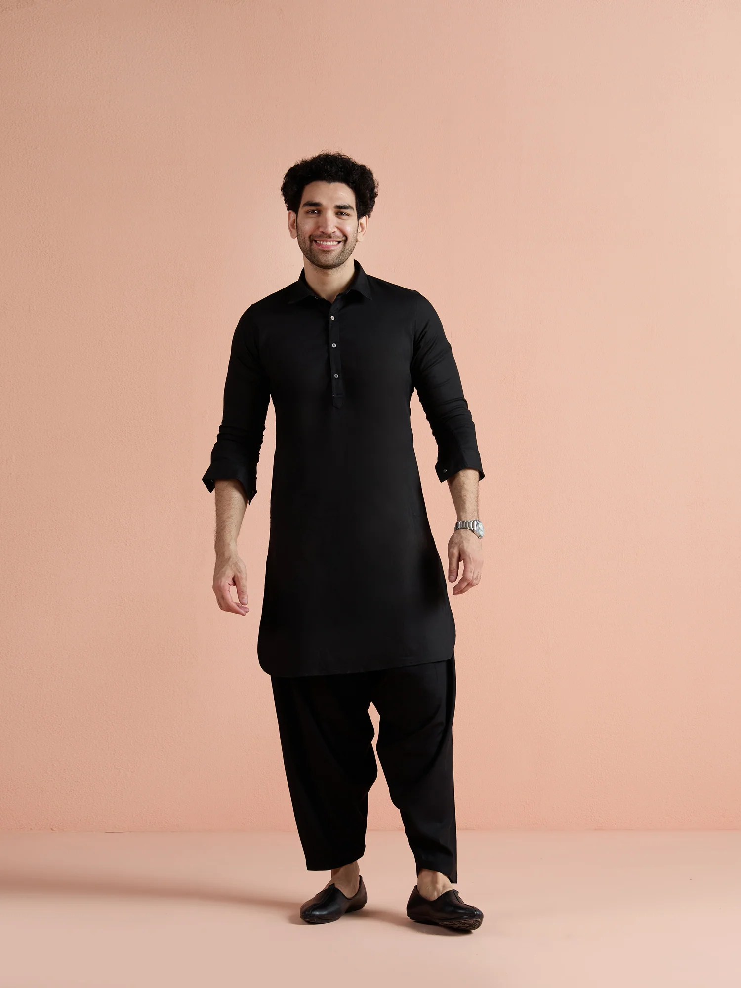 Black Denim Solid Pathani Kurta - Image 10