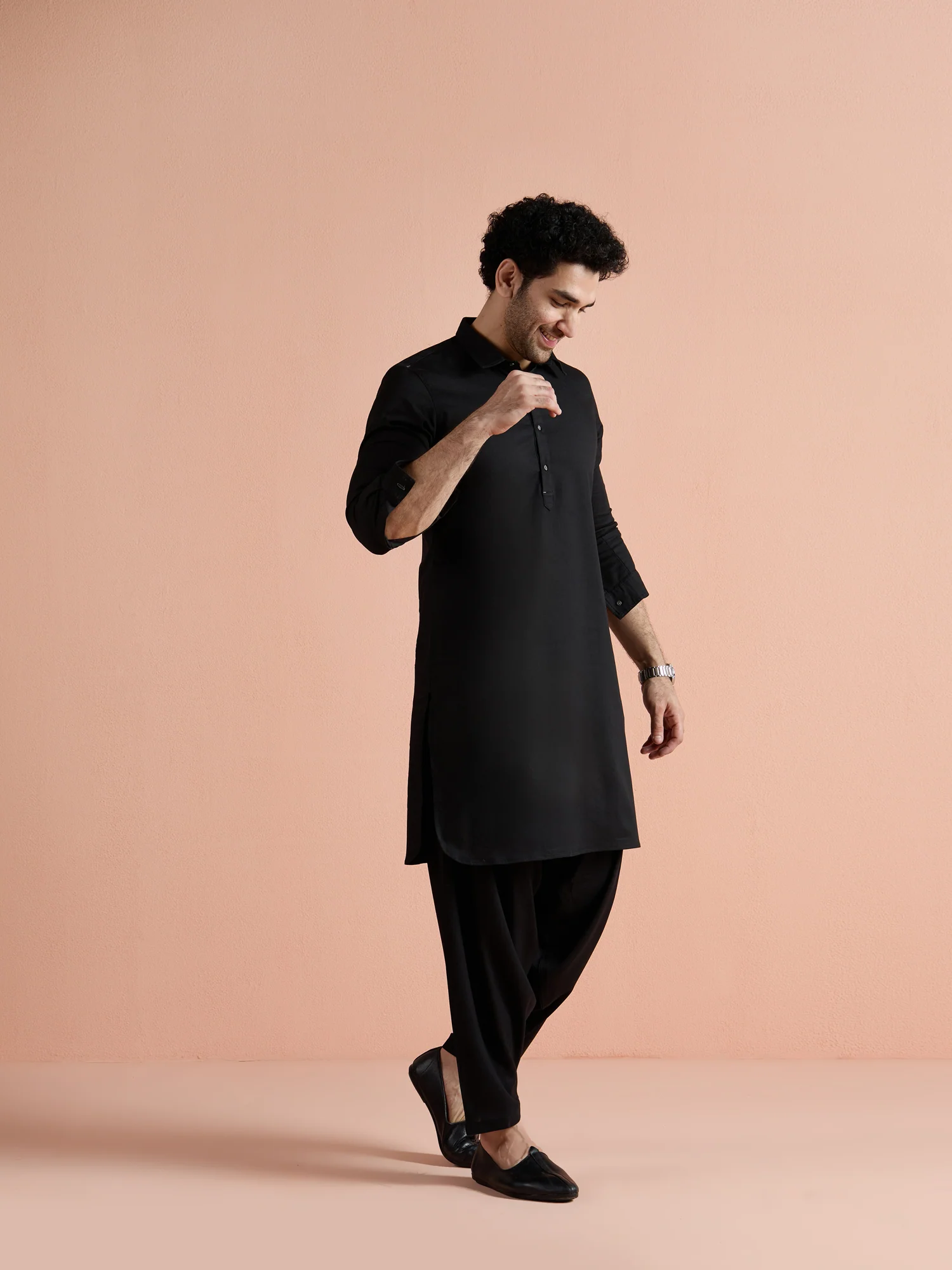 Black Denim Solid Pathani Kurta - Image 3