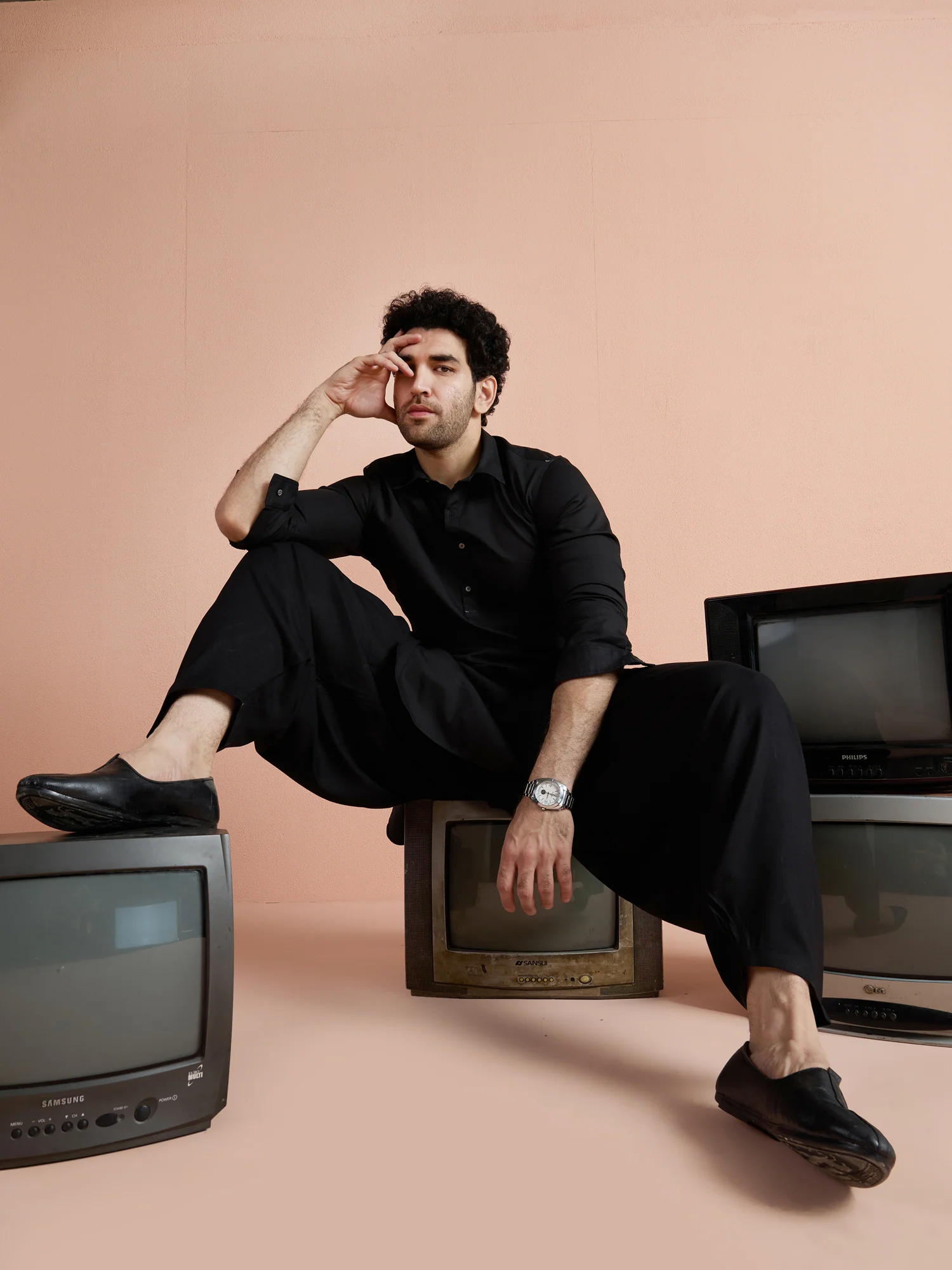 Black Denim Solid Pathani Kurta - Image 9