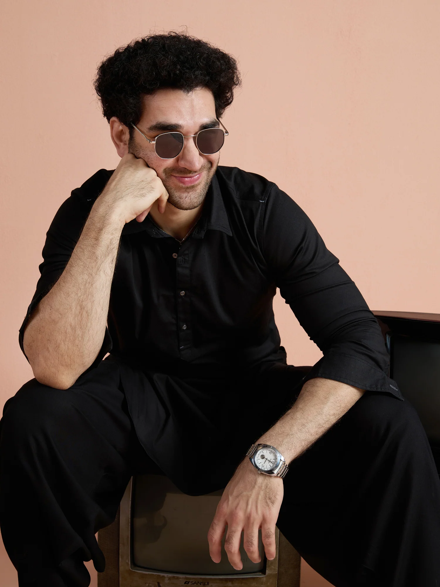 Black Denim Solid Pathani Kurta Patiyala Set - Image 11