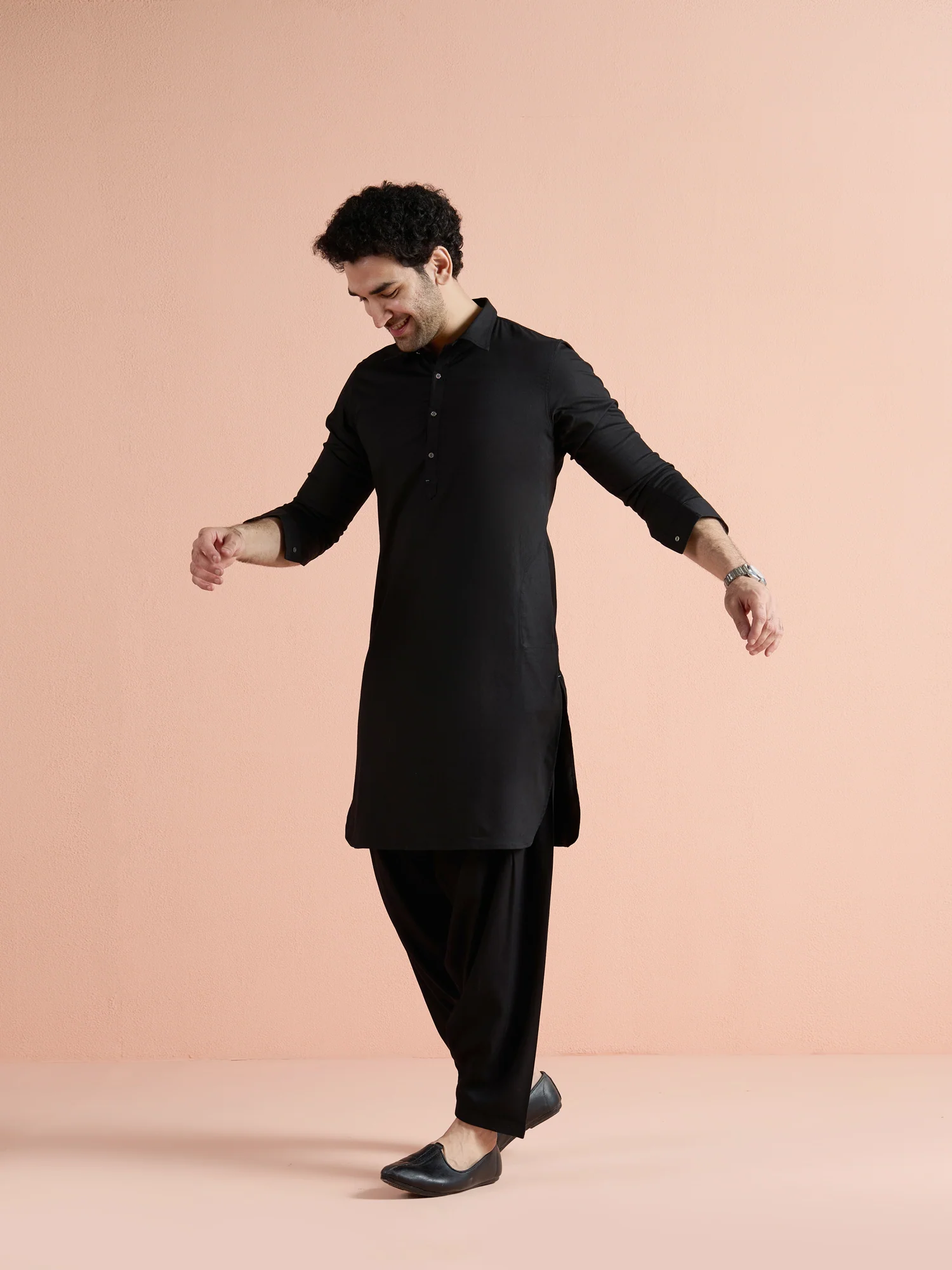 Black Denim Solid Pathani Kurta Patiyala Set - Image 4