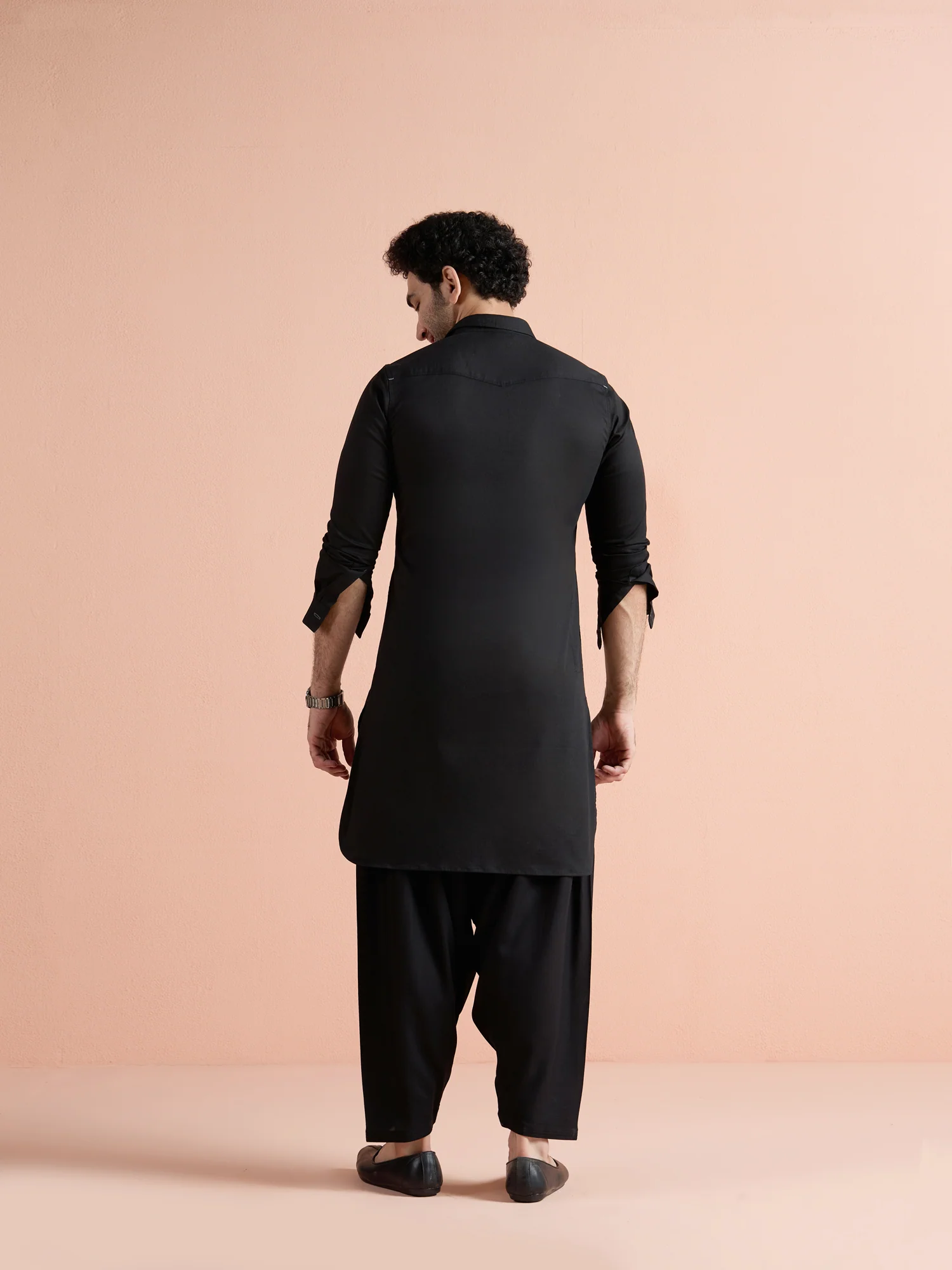Black Denim Solid Pathani Kurta Patiyala Set - Image 5