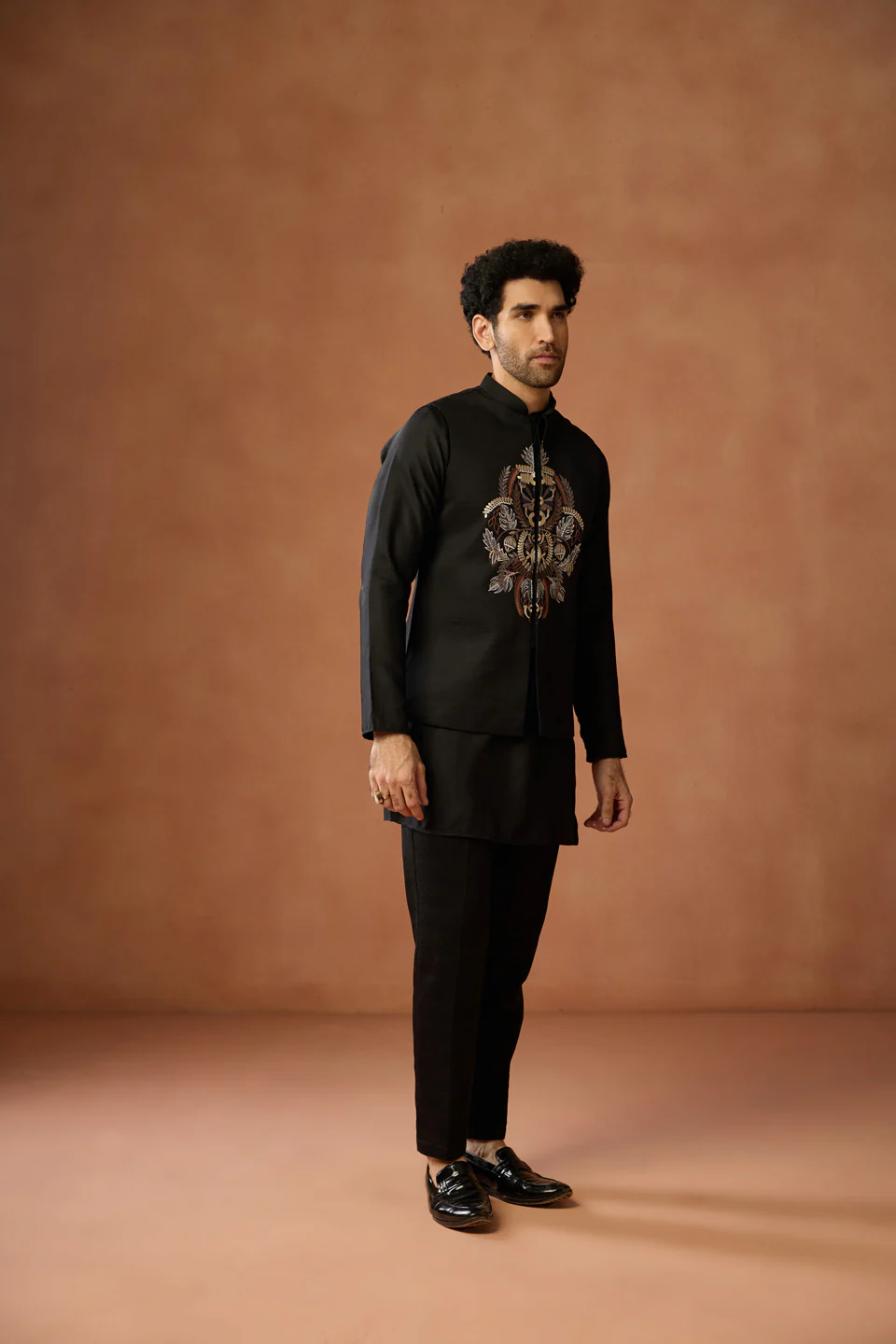 Black Embroidered Kurta Jacket Trouser Set - Image 3