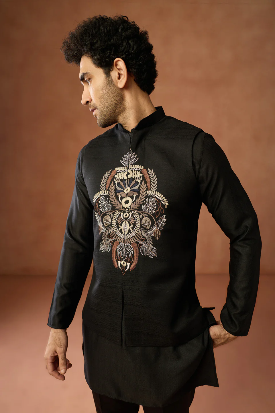 Black Embroidered Kurta Jacket Trouser Set - Image 8