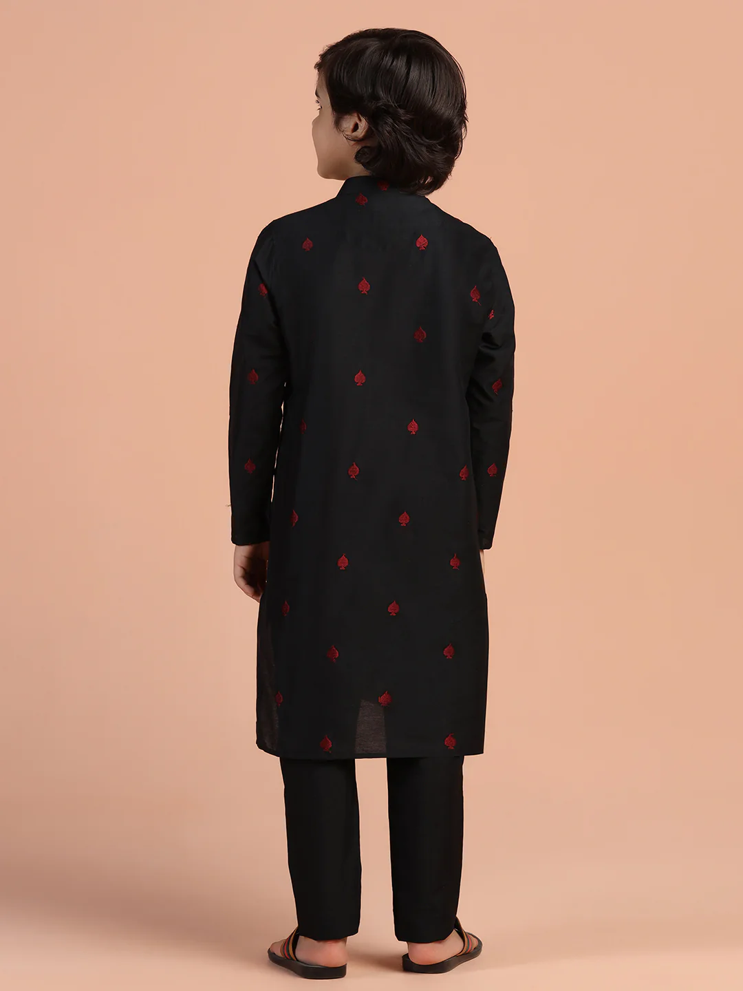 Black Embroidered Kids Kurta Set - Image 4