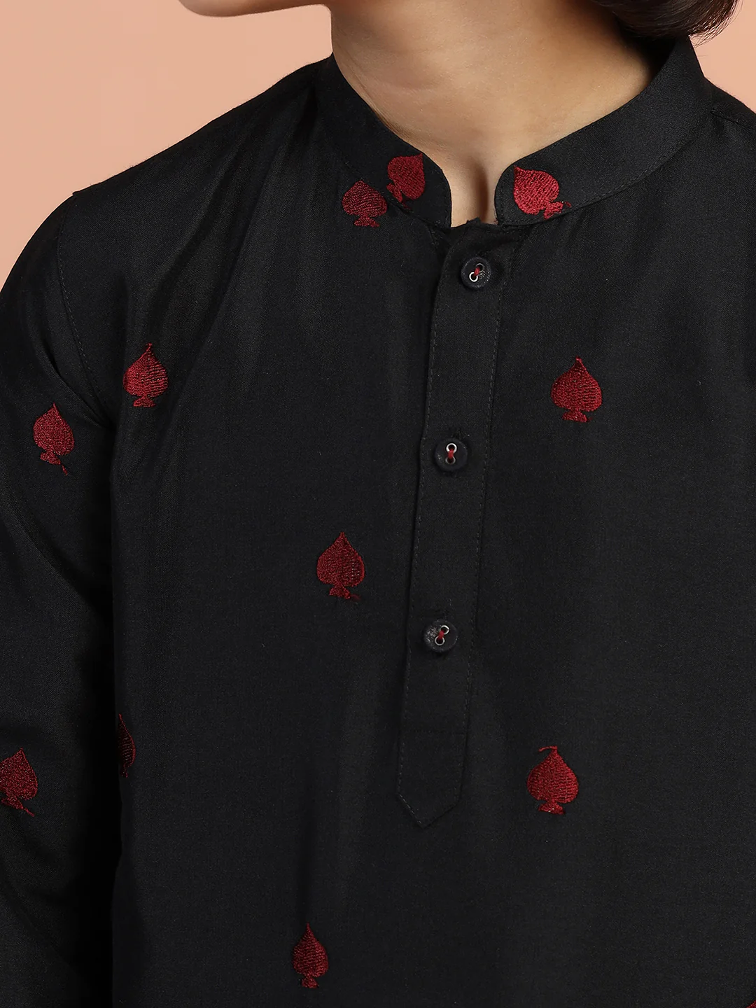 Black Embroidered Kids Kurta Set - Image 5