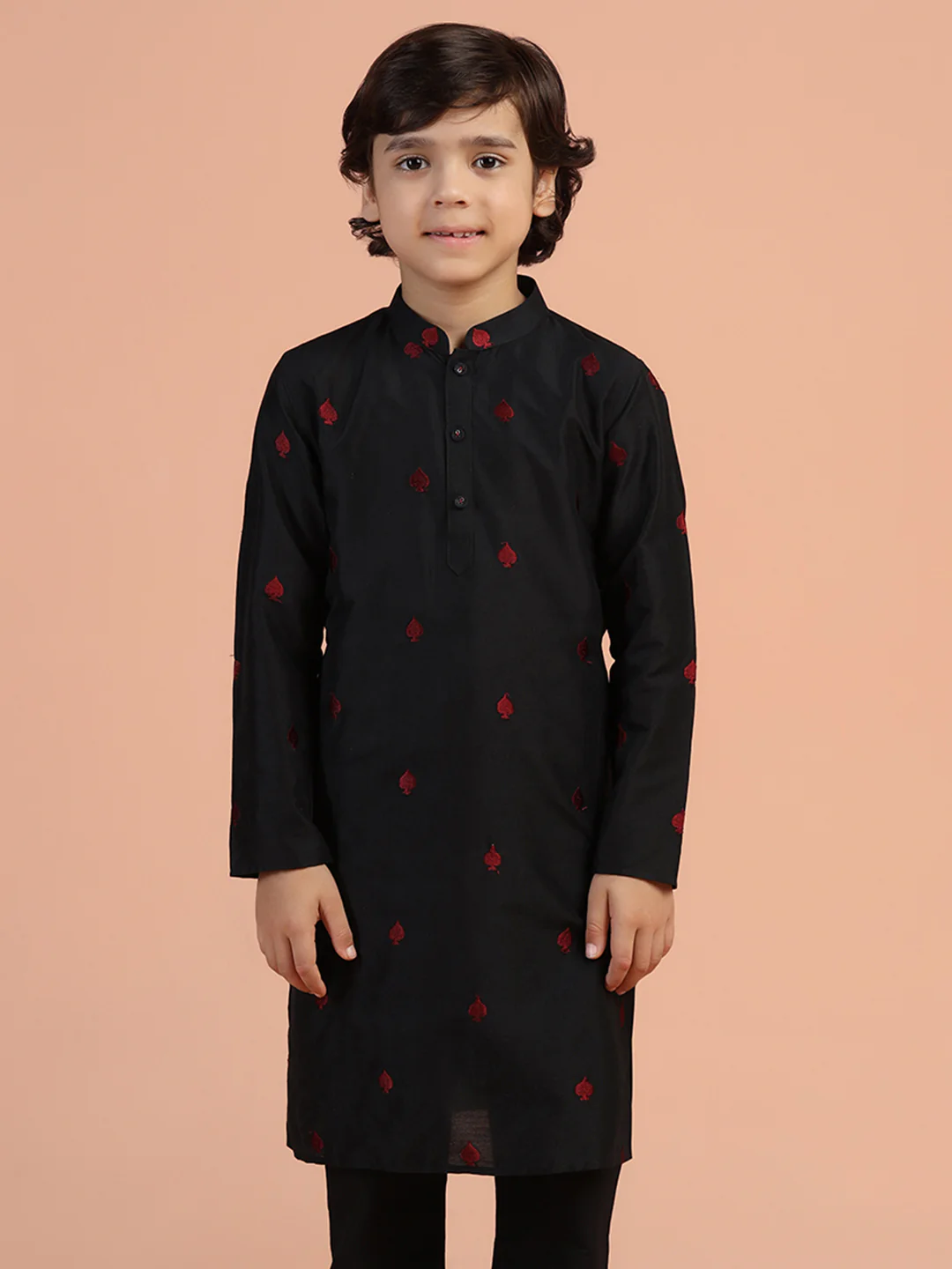 Black Embroidered Kids Kurta Set - Image 8
