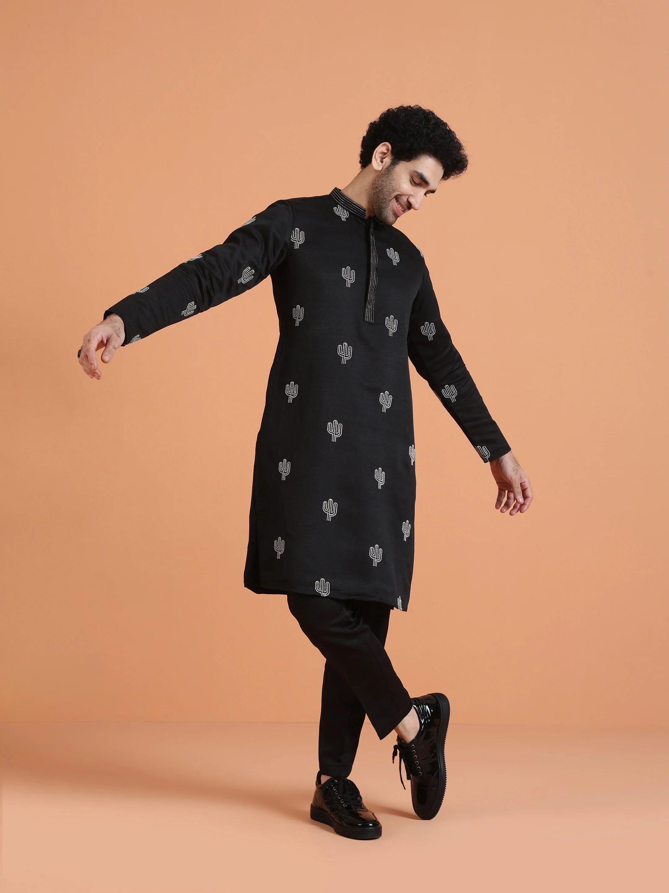 Black Embroidered Kurta with Black Trouser Set â€“ Contemporary Festive Outfit - Image 2