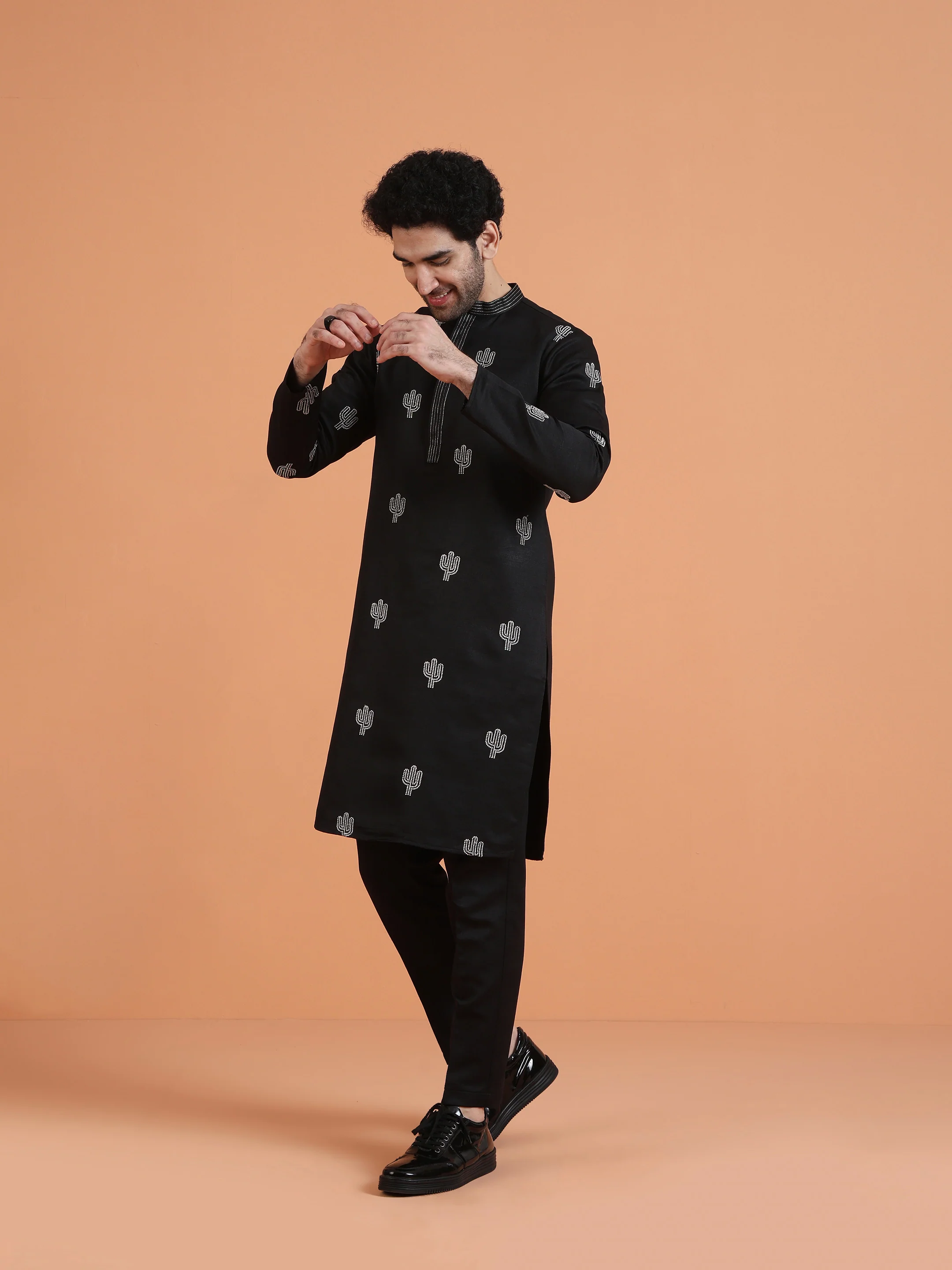 Black Embroidered Kurta with Black Trouser Set â€“ Contemporary Festive Outfit - Image 3