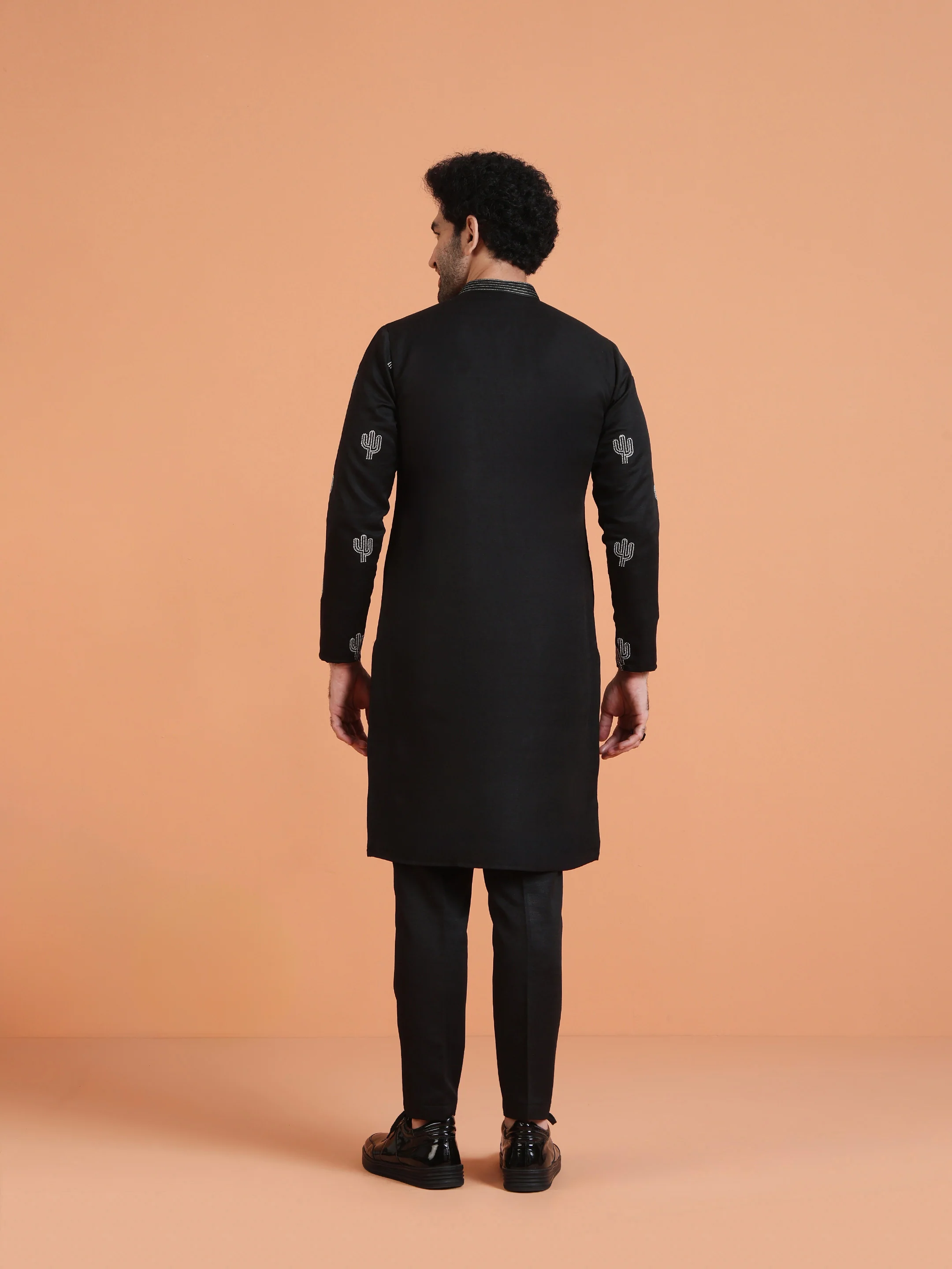 Black Embroidered Kurta with Black Trouser Set â€“ Contemporary Festive Outfit - Image 4