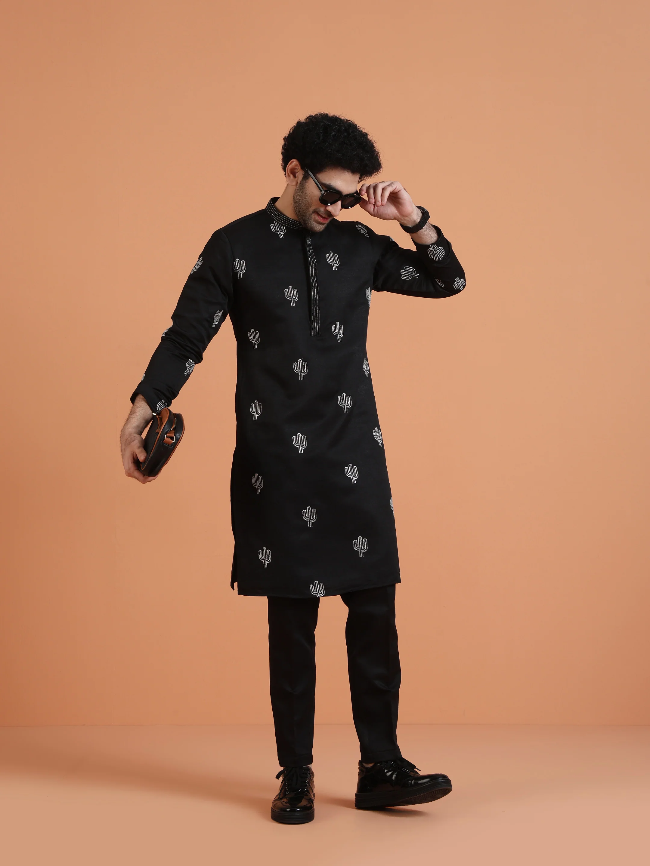 Black Embroidered Kurta with Black Trouser Set â€“ Contemporary Festive Outfit - Image 8