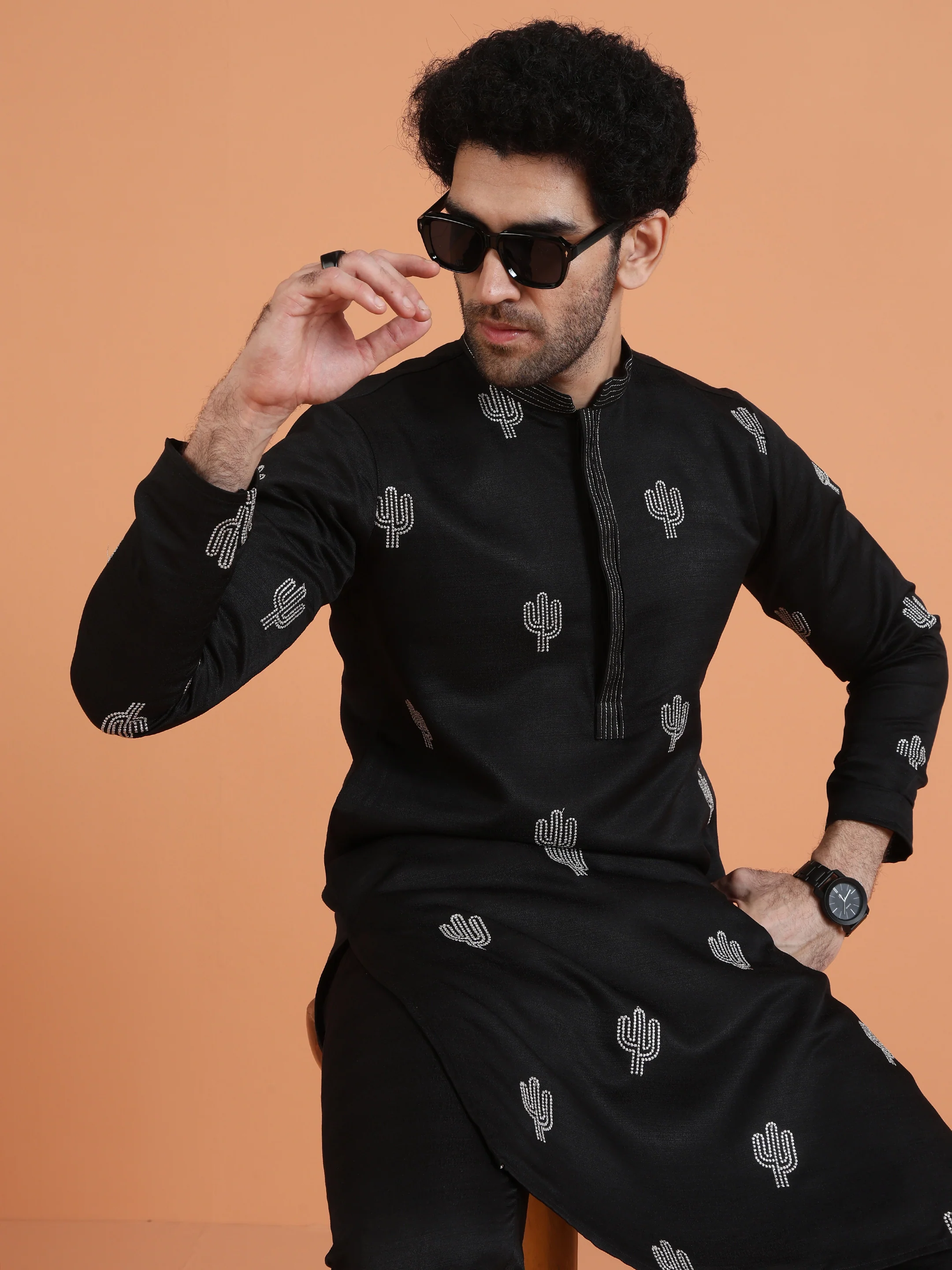 Black Embroidered Kurta with Black Trouser Set â€“ Contemporary Festive Outfit - Image 9