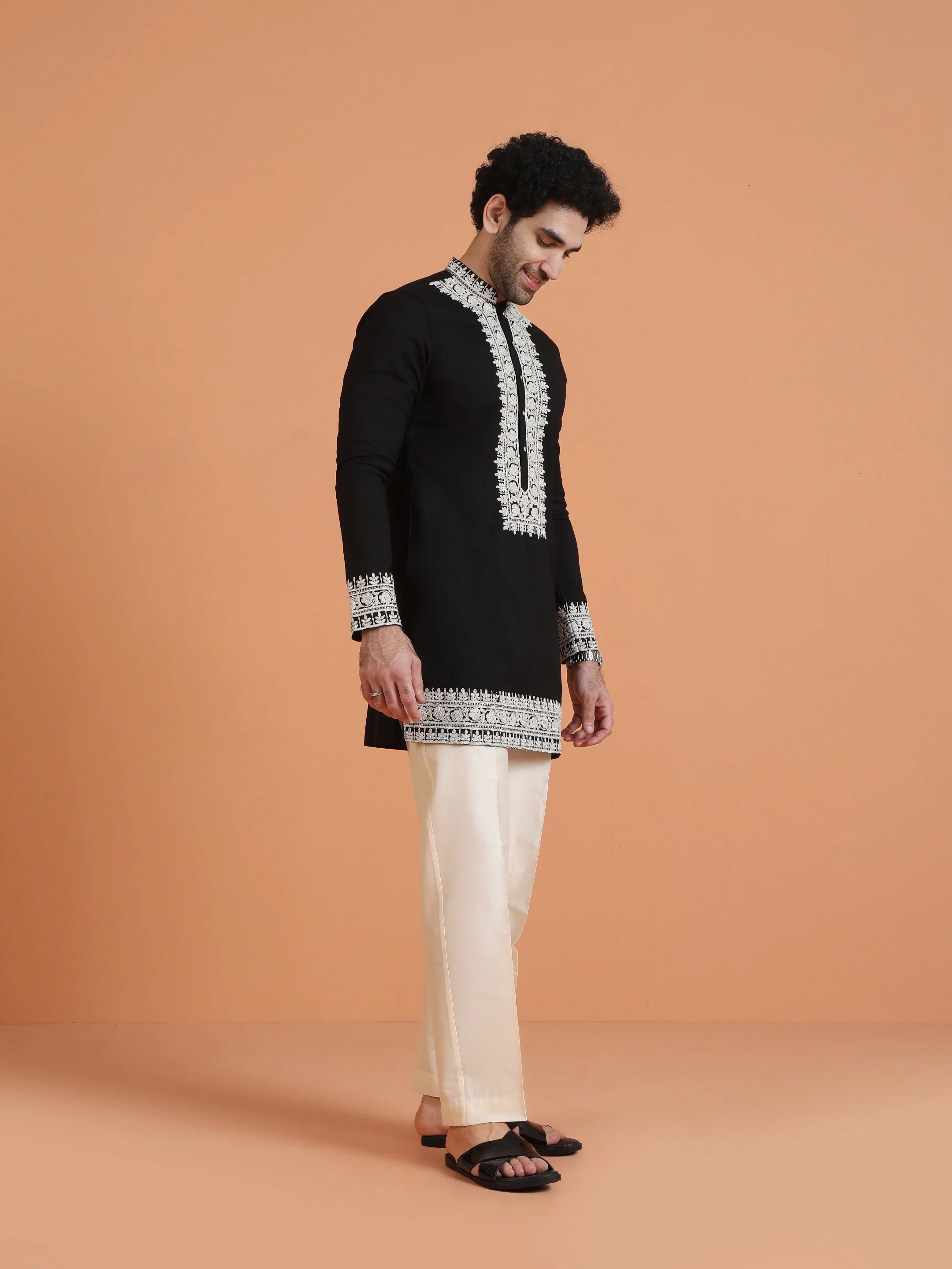 Black Embroidered Kurta with Cream Trouser Set - Image 3