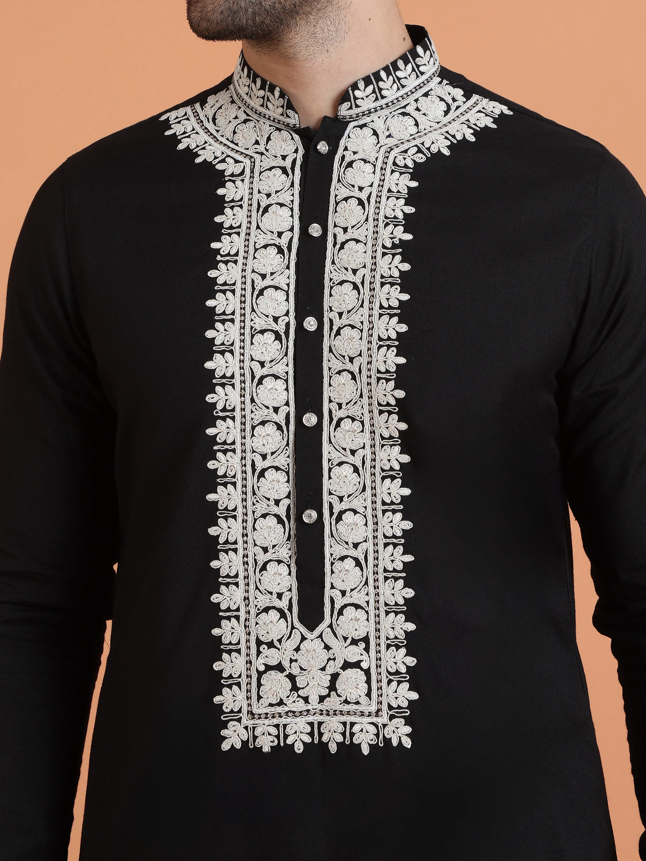 Black Embroidered Kurta with Cream Trouser Set - Image 5
